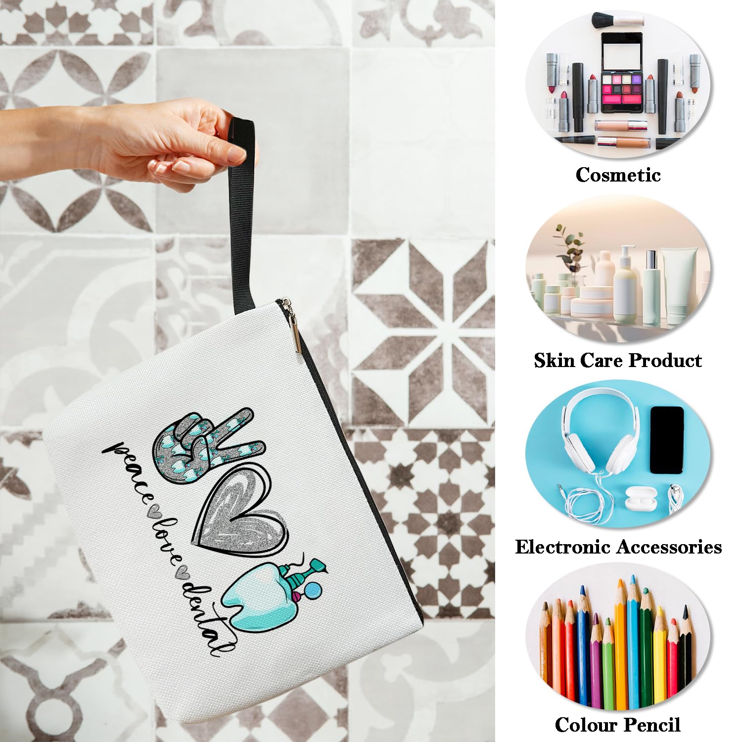 Peace Love Cosmetic Bag for Women - Waterproof Makeup Organizer with Zipper | Perfect Travel Toiletry Pouch, Dentist Gift & Friends Accessories | Great for Daily Use, Vacation Trips & Spa Days