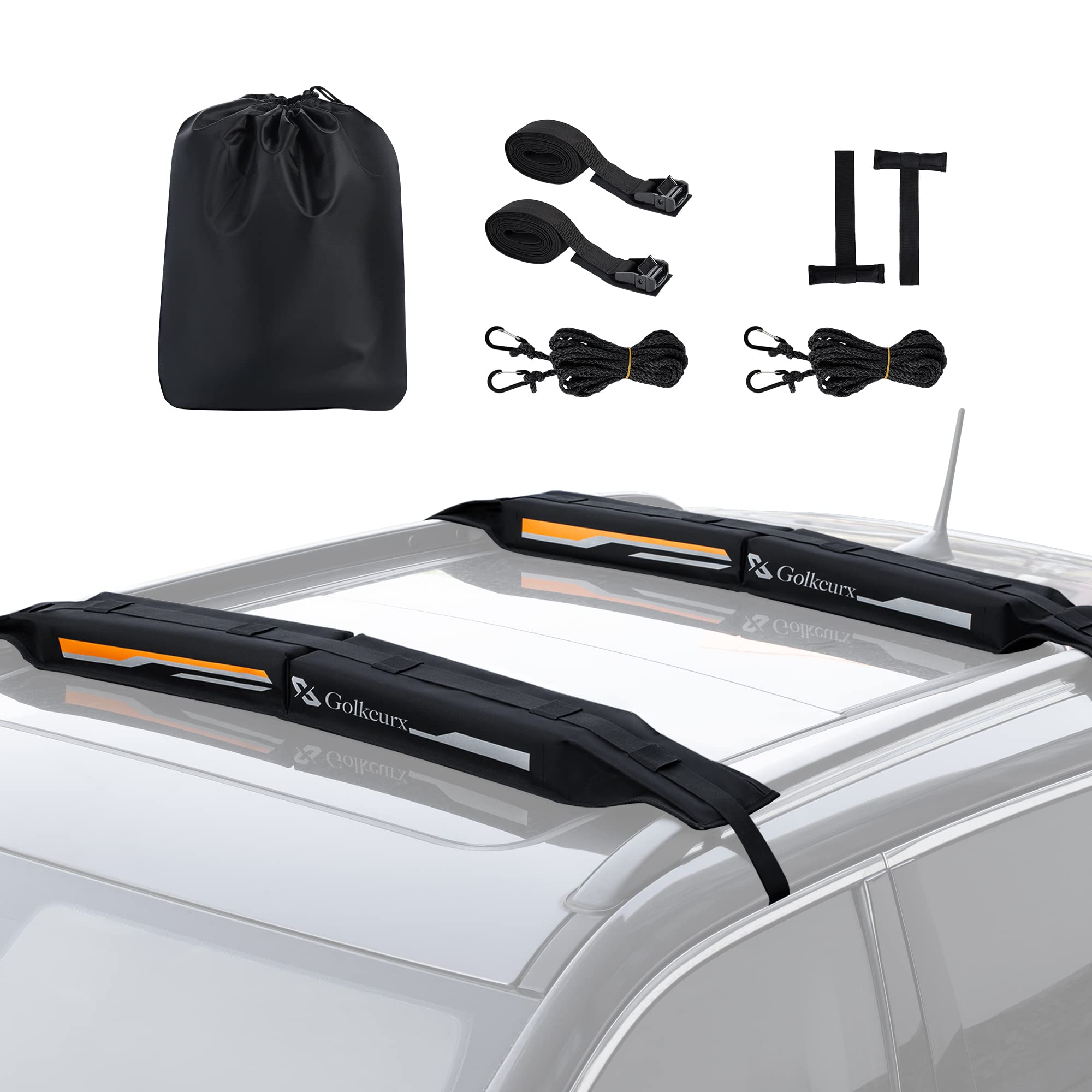 **Golkcurx Universal Soft Roof Rack Pads for Kayak, Surfboard, SUP, Canoe, Snowboard – 15FT Tie-Down Straps (2 Pack) & Storage Bag Included – Waterproof & Non-Slip – Perfect for Outdoor Adventures, Camping, and Travel (Black)**