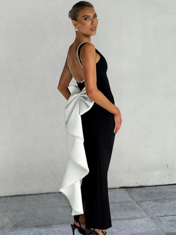 Elegant Pearl Bow Backless Sexy Maxi Dress for Women - Sleeveless High Waist A-Line Long Gown for Club, Party, Wedding & Evening Events