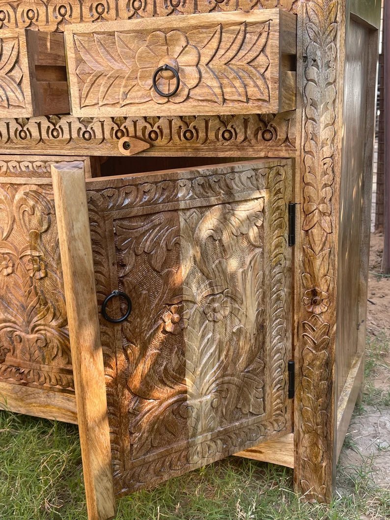 Hand Carved Indian Wooden Sideboard | Small Cabinet for Living Room, Dining Room & Bedroom Storage | Traditional Home Decor