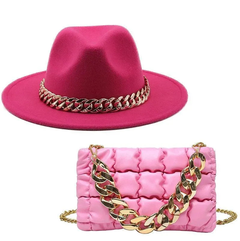 Stylish Women's Luxury Fedora Hat & Oversized Chain Handbag Set - Fashionable Accessories for Parties, Weddings & Daily Outfits