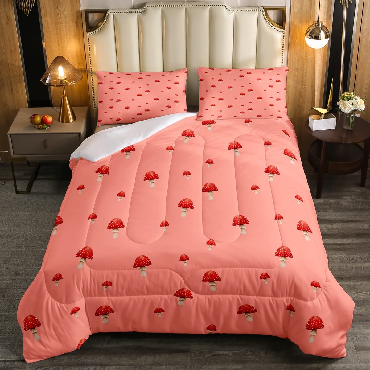 Kids & Girls Mushroom Bedding Set - Red Mushroom Comforter with Pink Kawaii Nature Botanical Decor, Microfiber Duvet Cover & Quilt Set for Full Size Bed | Perfect for Girls' Bedroom, Nursery Decor & Kawaii Themed Rooms