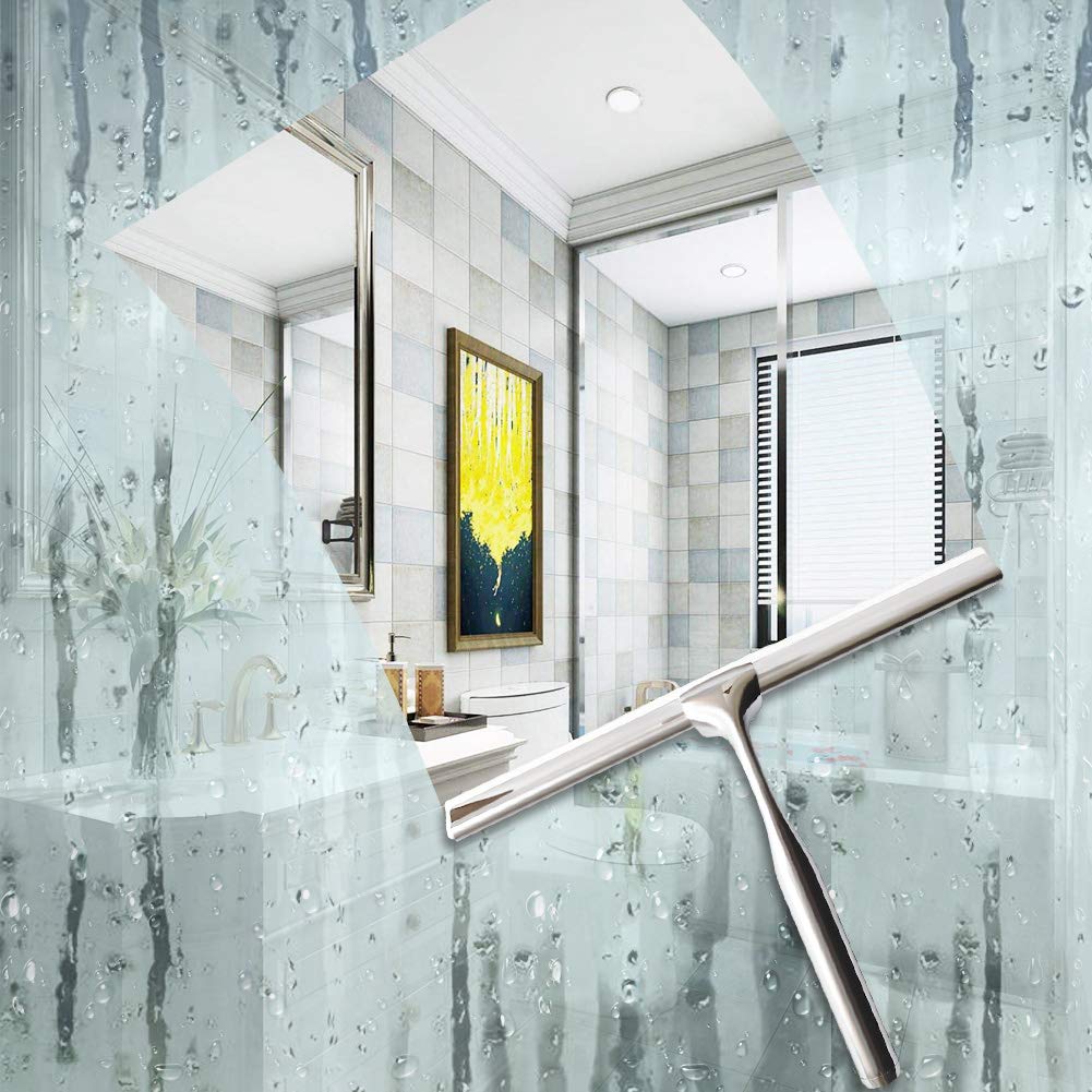 Premium Stainless Steel Shower Squeegee with Self-Adhesive Hook - Bathroom Mirror Wiper & Glass Cleaner for Shower Doors, Windows, Tiles - Perfect for Streak-Free Cleaning in Bathrooms, Kitchens, and Offices