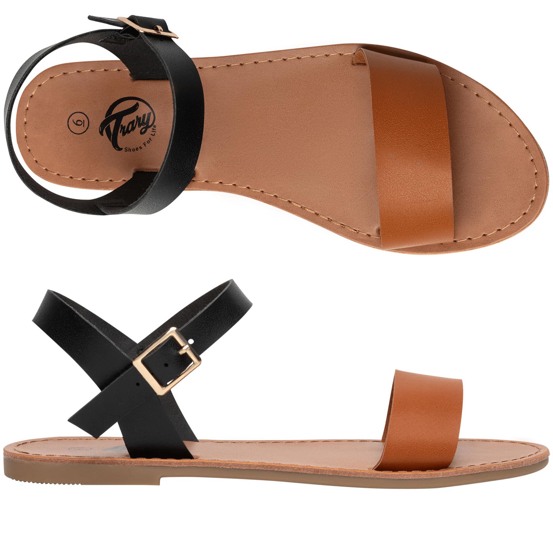 Women's Leather Gladiator Sandals with Adjustable Metal Buckle – Stylish Two-Tone Flat Sandals for Summer | Comfortable Dressy Open-Toe Sandals for Weddings, Parties & Casual Outings