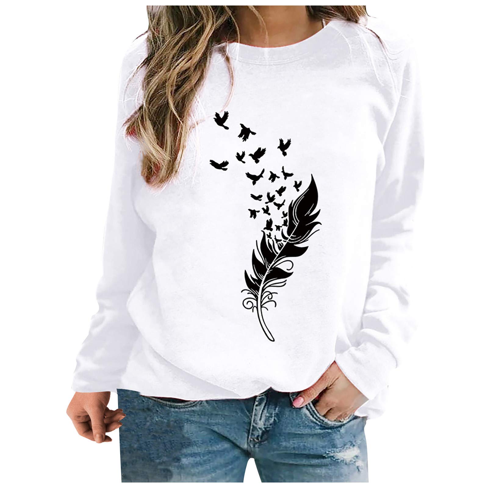 Women's Fall Casual Sweatshirt with Feather Butterfly Print - Comfortable Round Neck Pullover Long Sleeve Top for Autumn Outfits & Cozy Loungewear