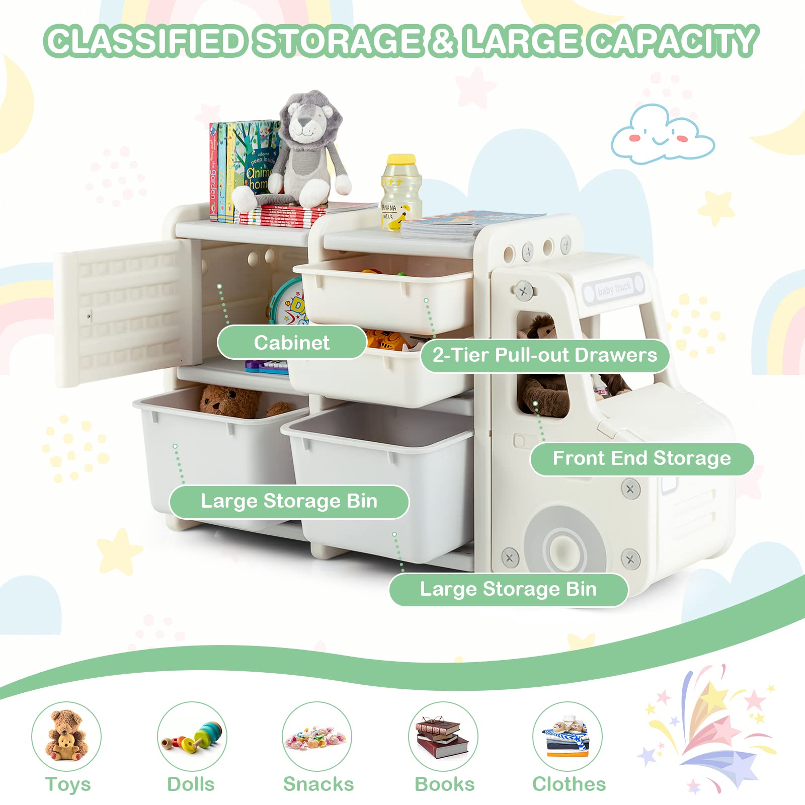Costzon Kids Toy Organizer & Storage - 2 Large Bins, 2 Drawers, Open Shelf - Multifunctional Toy Chest & Bookcase for Playroom, Bedroom, Nursery (Beige) | Perfect for Organizing Toys, Books & Kids' Room Decor