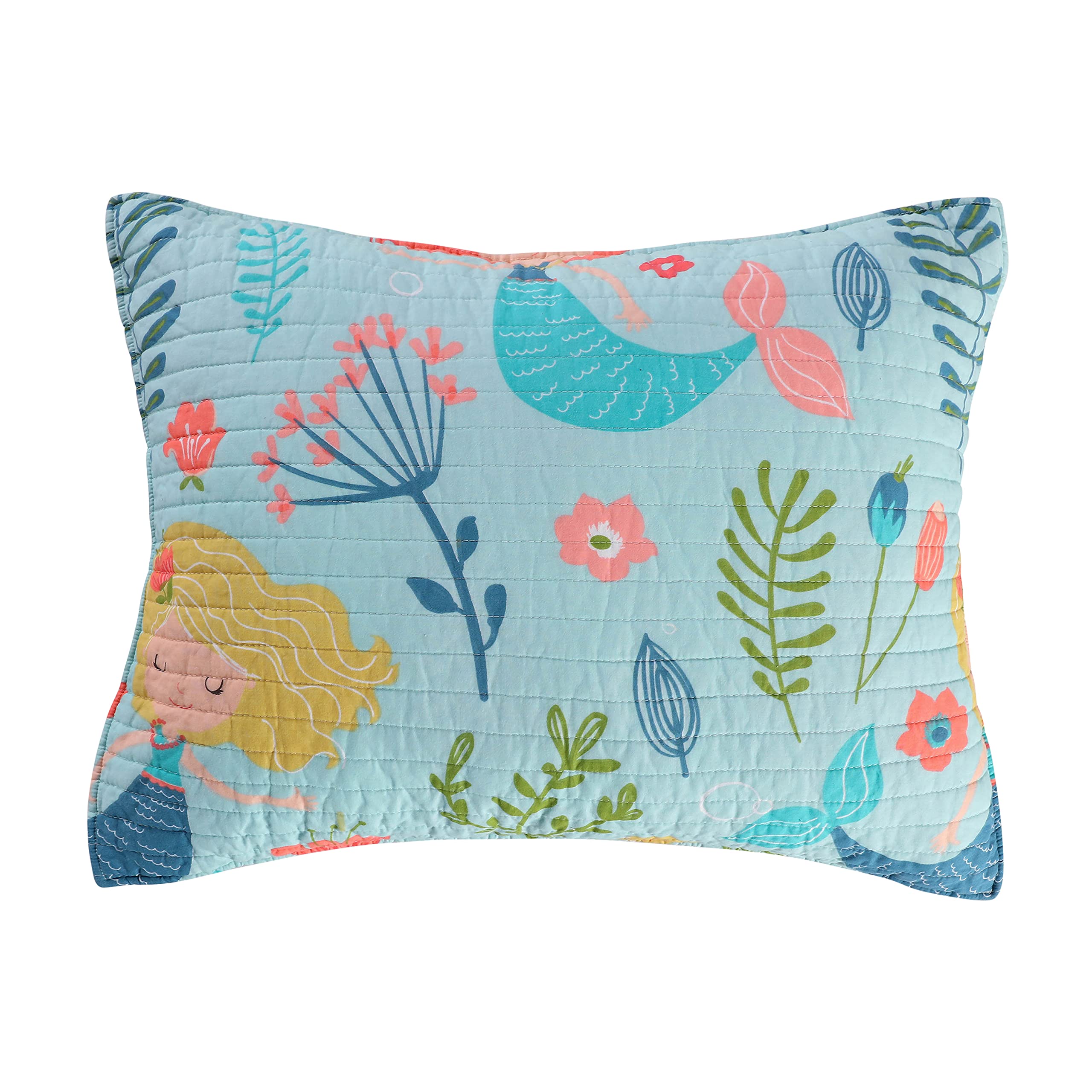 Levtex Home Andrina Reversible Cotton Quilt Set - Full/Queen Size (88x92in) with 2 Standard Pillow Shams (26x20in) - Pink, Peach, Turquoise, Yellow & Green Mermaid Design - Soft Bedding for Girls' Room, Guest Bedroom or Coastal Decor