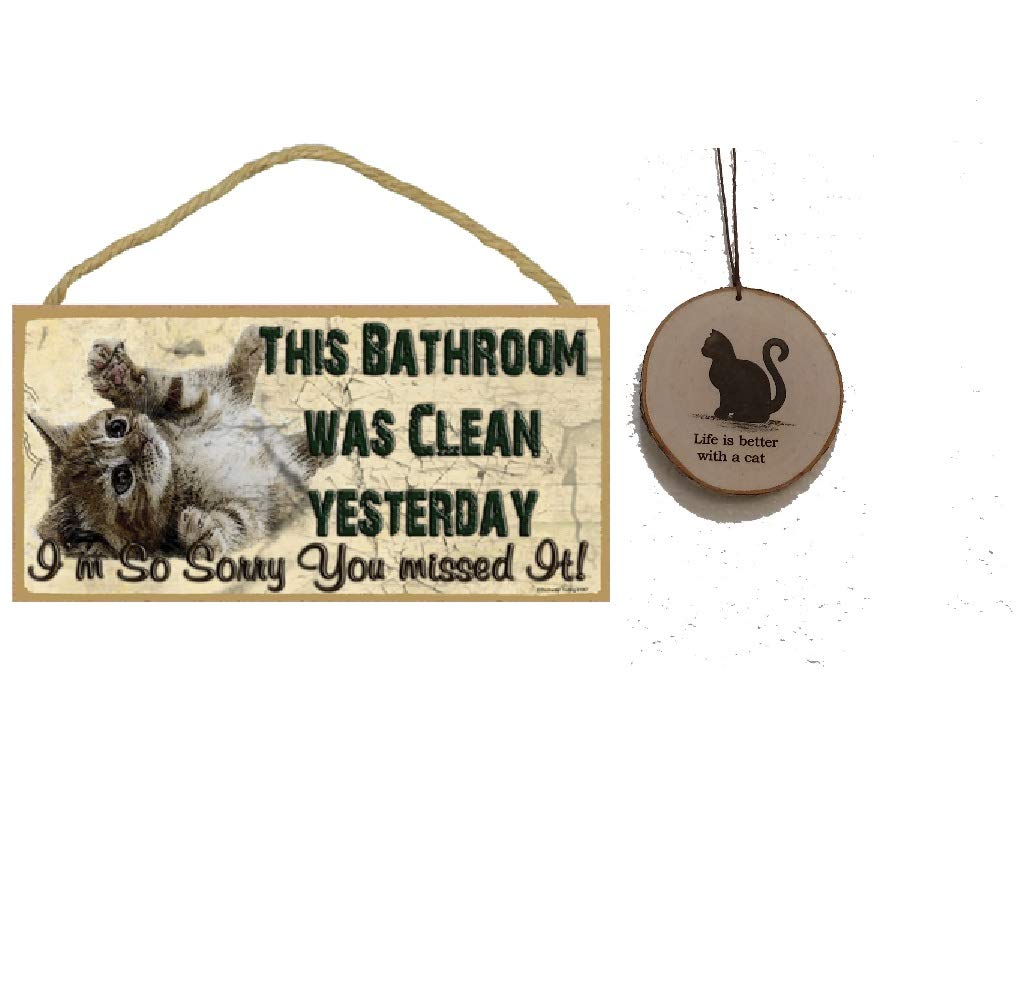 5x10 Inch 'This Bathroom Was Clean Yesterday' Funny Cat Wood Plaque & Handmade 'Life is Better with a Cat' Wooden Wall Hanging Gift Set - Perfect for Cat Lovers, Bathroom Decor, Housewarming Gifts & Pet-Themed Home Accessories