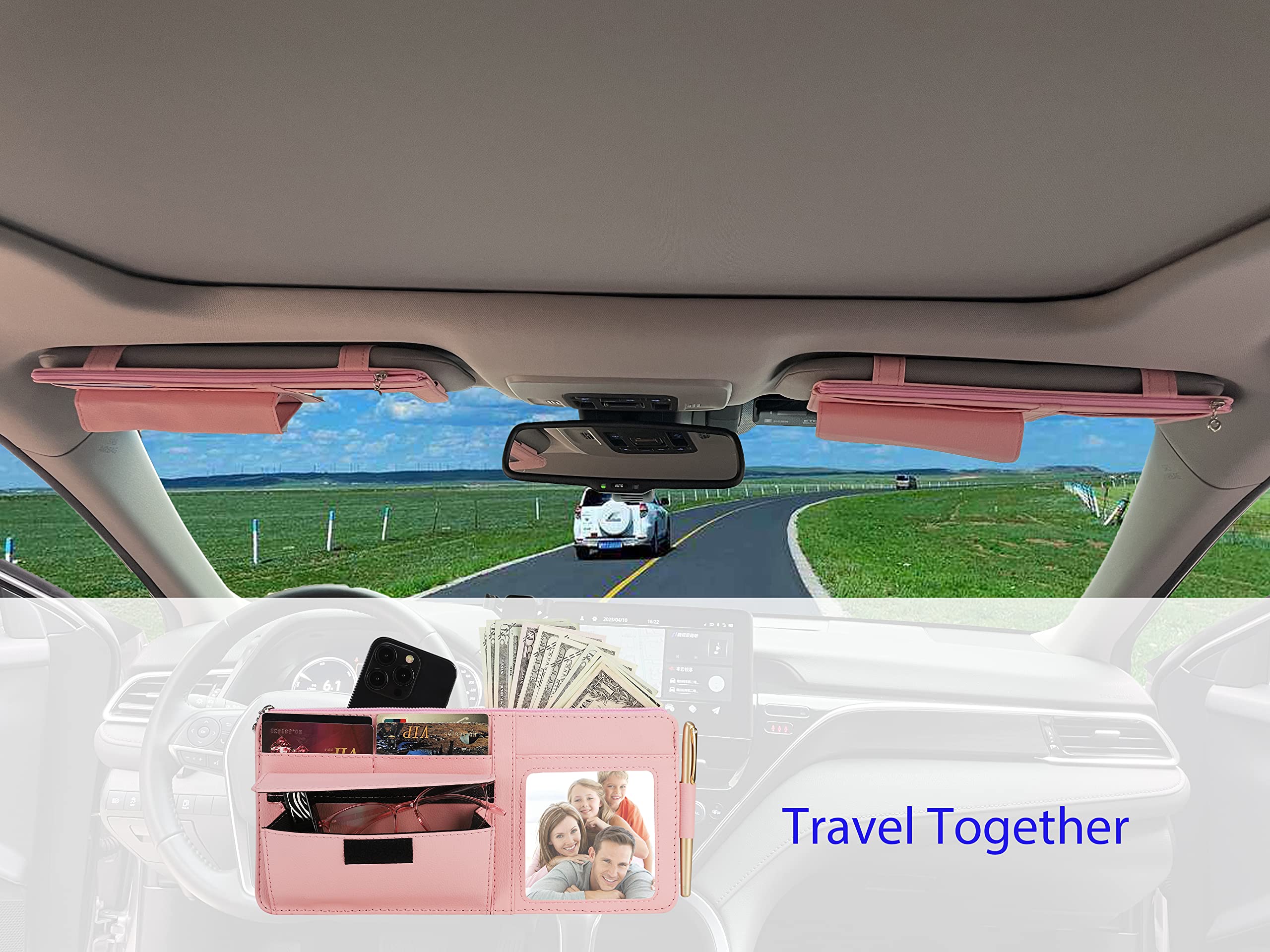 Pink Car Visor Organizer with Glasses Holder & Picture Frame - Auto Sun Visor Storage for Women - Essential Truck Accessories for Sunglasses, Cards & Photos - Perfect for Road Trips & Daily Commutes