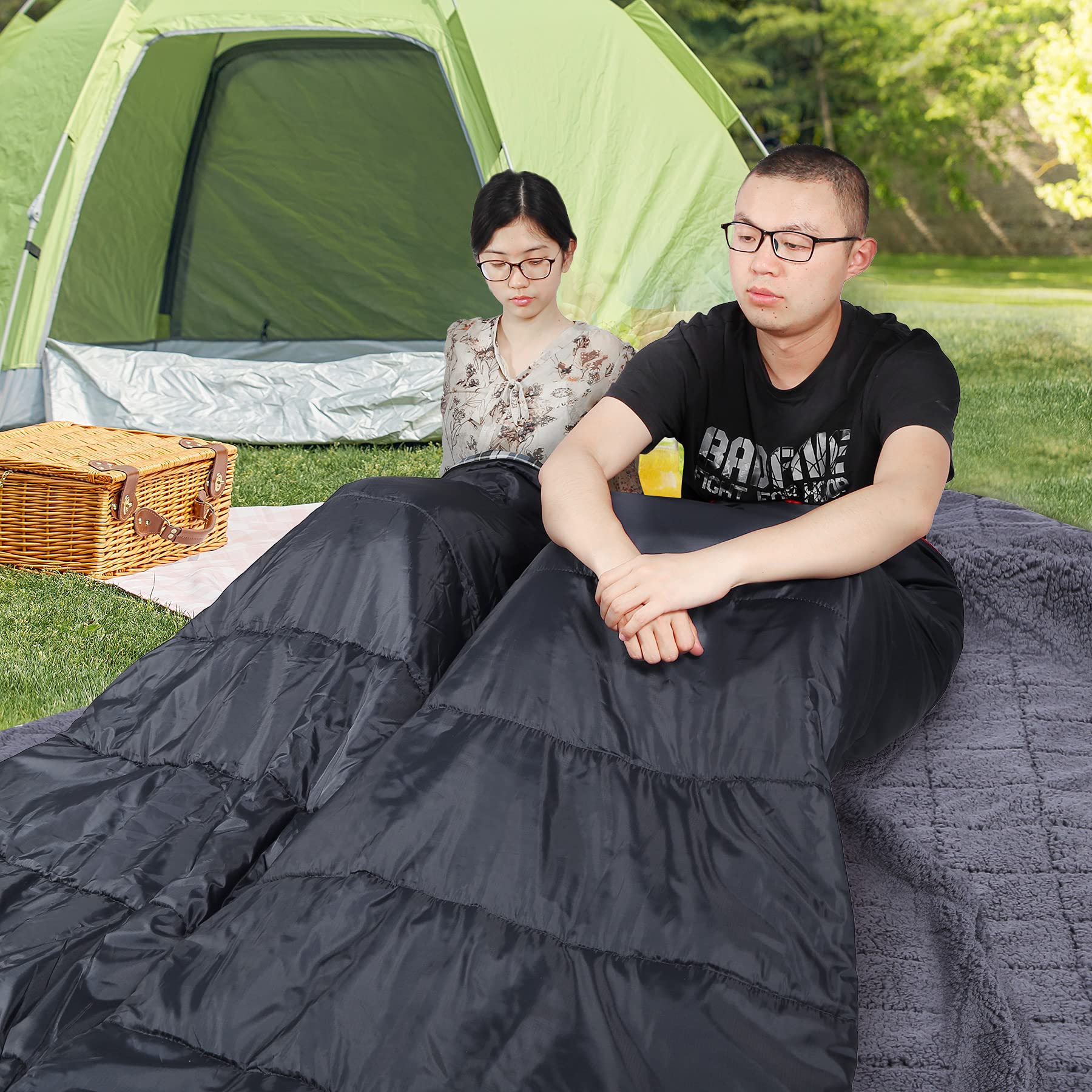 REDCAMP 2 Person Queen Size Cotton Double Sleeping Bag for Adults - Cold Weather Flannel Camping Sleeping Bag, Black/Navy Blue - Perfect for Couples Camping, Hiking & Outdoor Adventures