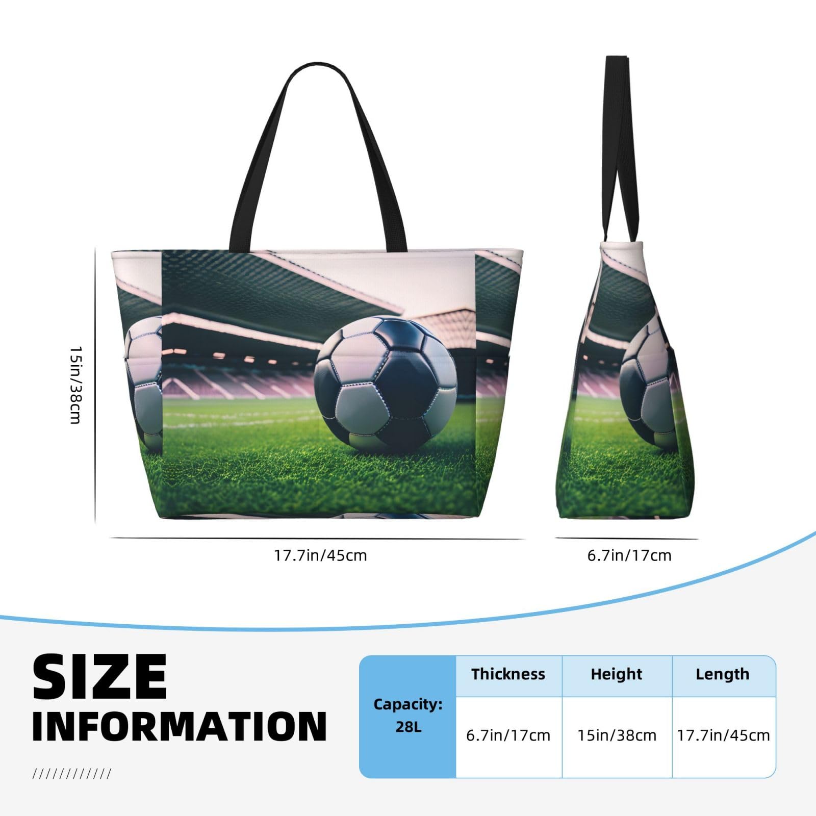 NOUZU Soccer Print Beach Tote - Large Women's Travel Bag for Beach & Gym - Black