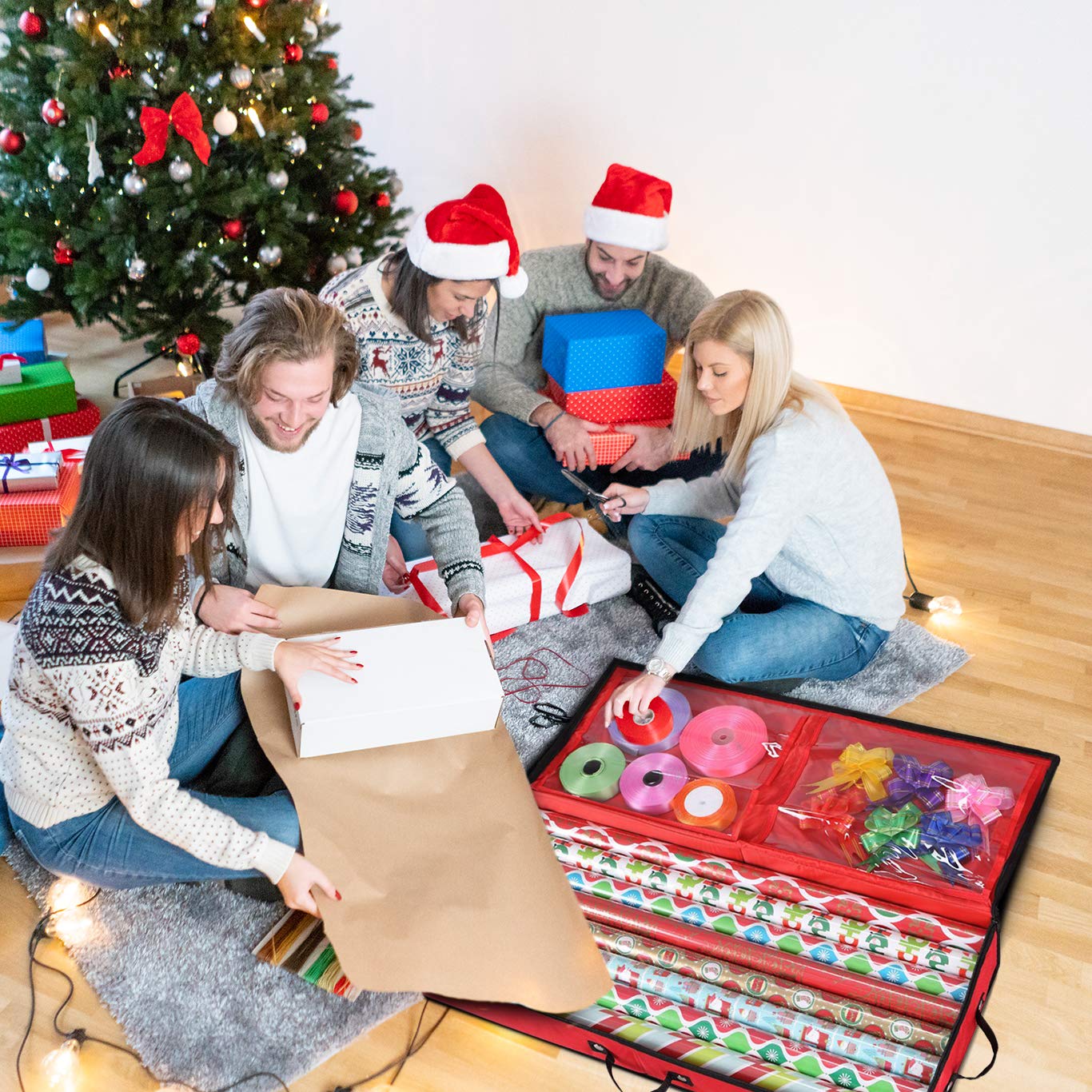 Primode Wrapping Paper Storage Container - Under Bed Gift Wrap Organizer for 30 Inch Rolls | 31”x13.5”x4.5” | 600D Oxford Fabric Storage Box with Pockets for Ribbon, Bows & Accessories (Red) | Perfect for Holiday Gift Wrapping, Birthday Parties & Craft Organization