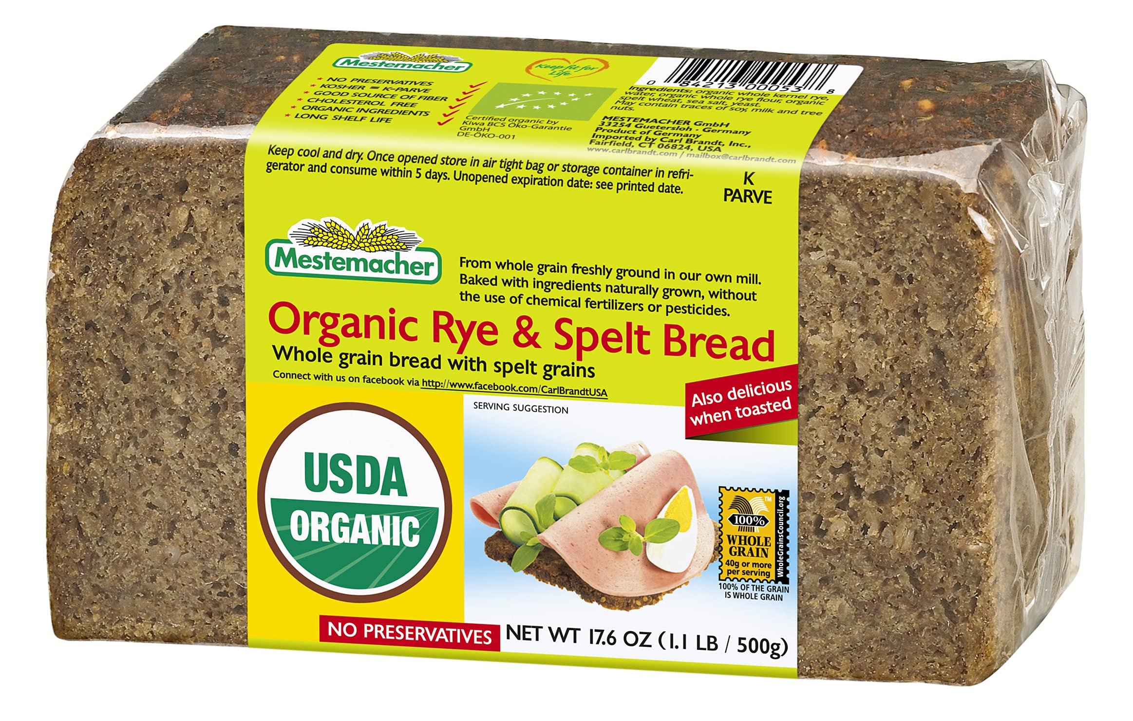 Organic Mestemacher Rye & Spelt Bread - 17.6 oz (Pack of 6) | Healthy German Whole Grain Bread for Sandwiches, Toast & Breakfast