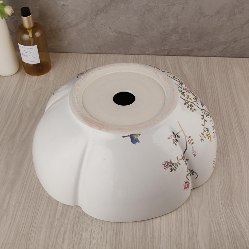 Antique Brass Faucet Round White Ceramic Vessel Sink with Floral Bird Design - Above Counter Bathroom Basin for Vanity, Powder Room & Farmhouse Decor