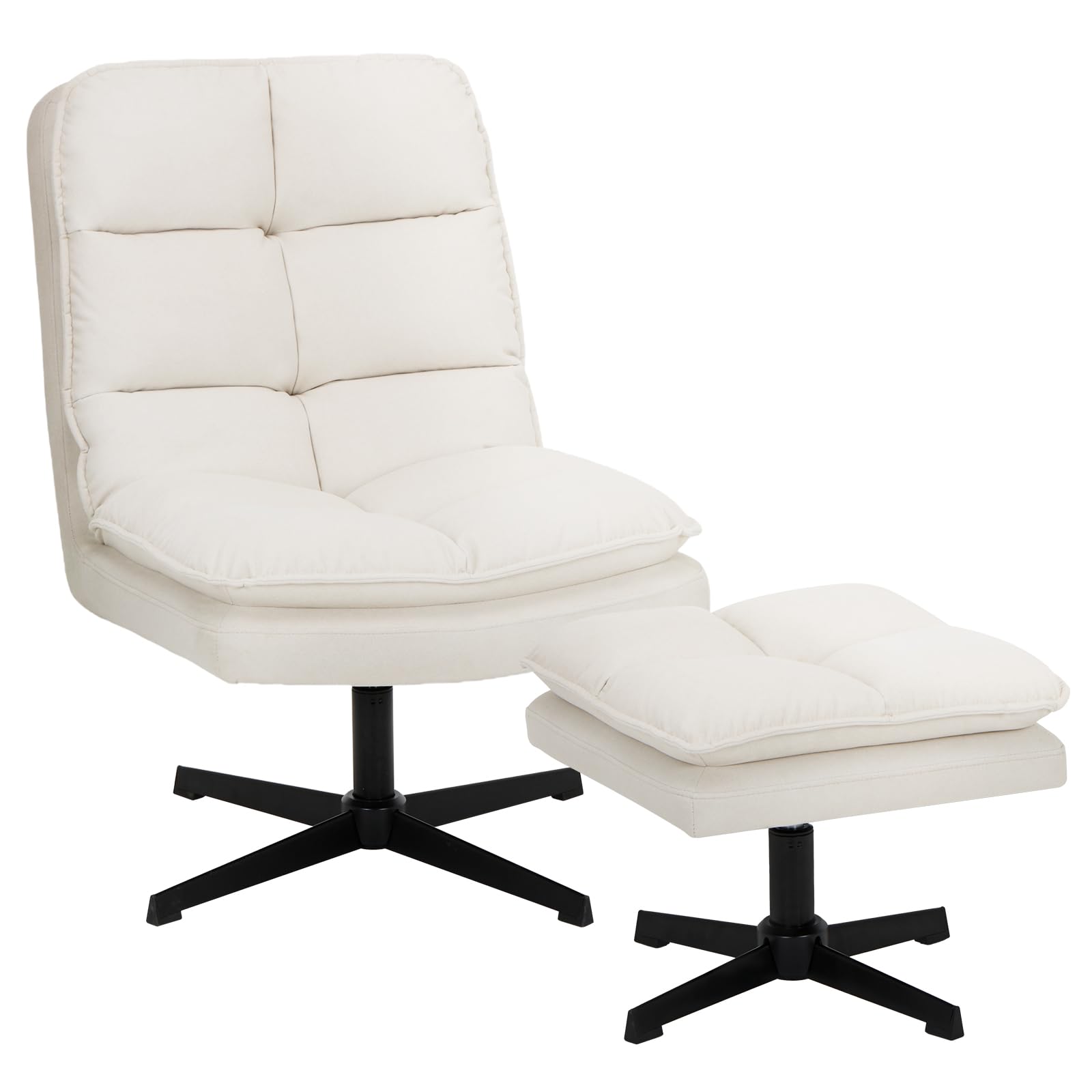 Modern Swivel Accent Chair with Ottoman Set - Velvet Fabric Lounge Chair with Criss Cross Legs & Footrest - Comfortable Reading Chair for Living Room, Home Office & Leisure - Beige - Perfect for Relaxing, Working & Small Space Decor