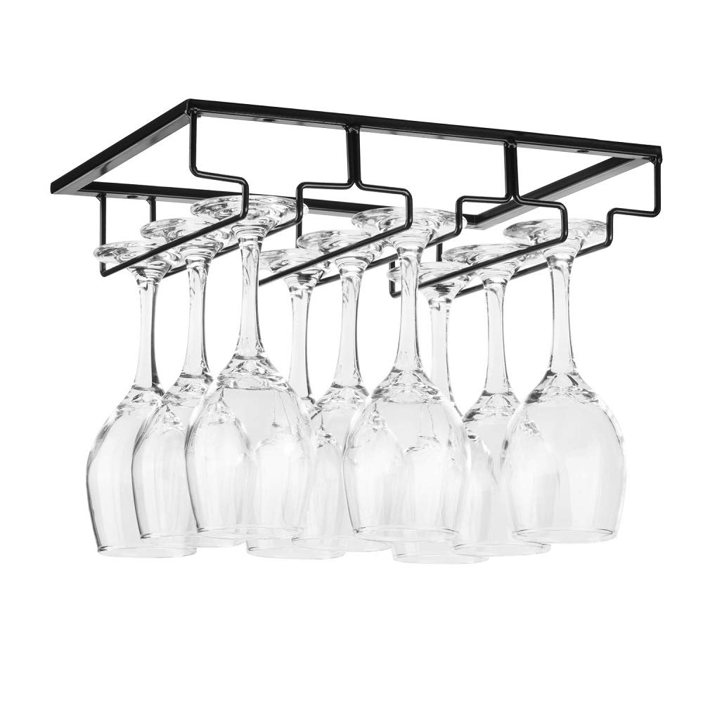 Premium Under Cabinet Wine Glass Rack - Sturdy Metal Stemware Holder & Organizer for Bar, Kitchen - Perfect for Storing Red, White Wine Glasses and Champagne Flutes (Black)
