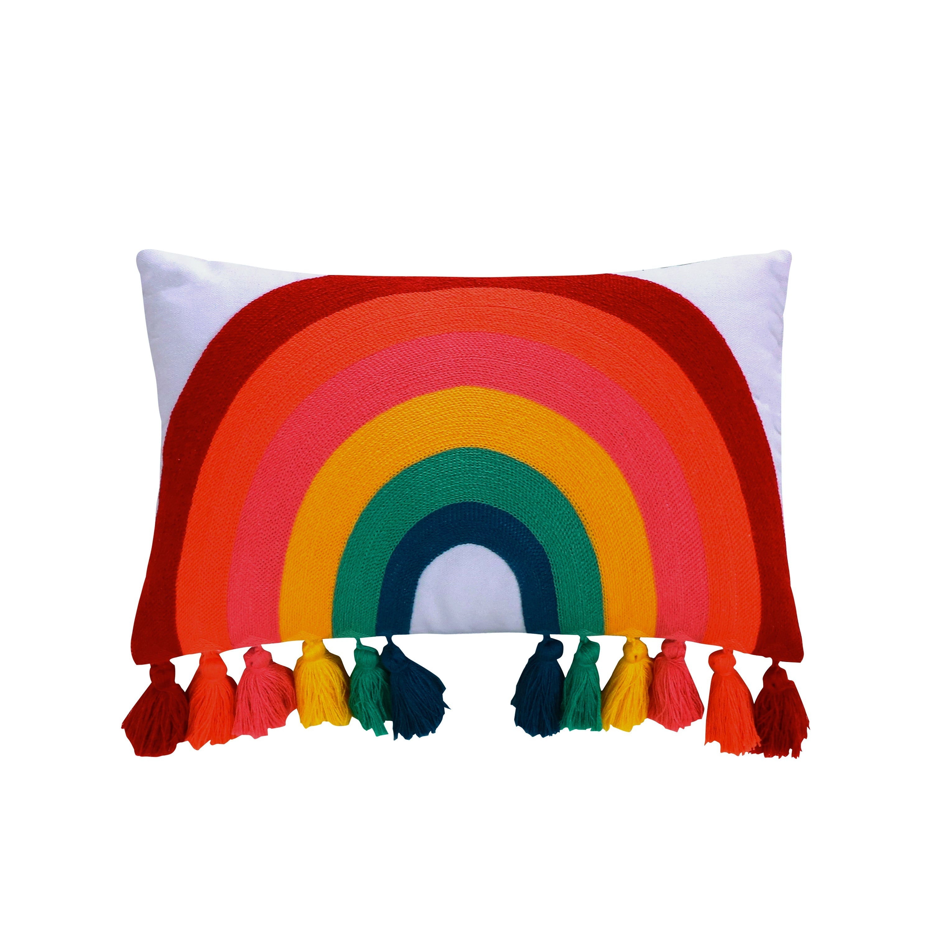 Chantal Rainbow Crewel Tassel Pillow - Bohemian Style Decorative Throw Pillow Cover for Sofa, Bed, Couch - Home Decor Accent for Living Room, Bedroom, Nursery