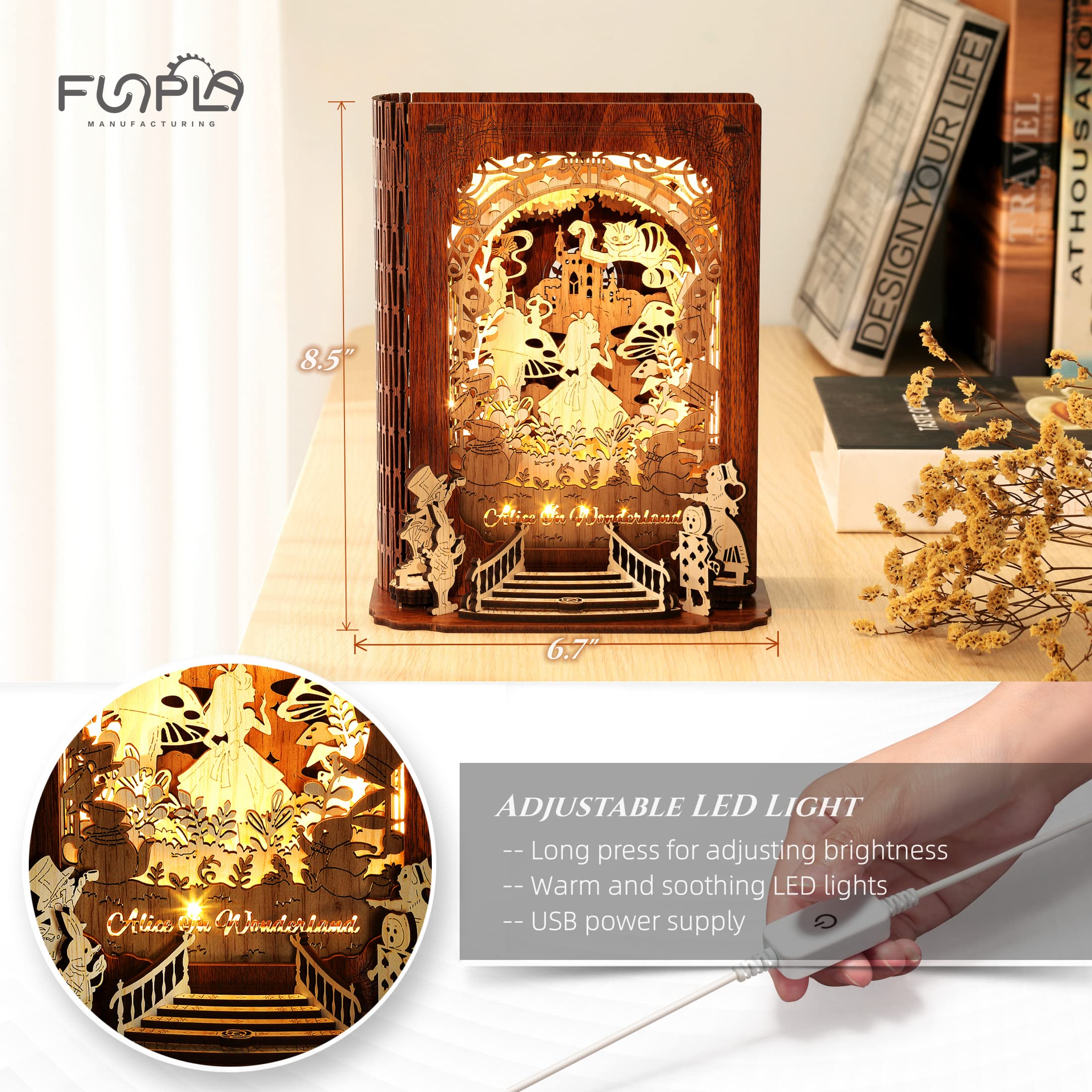 FUNPOLA 3D Puzzle Story Book Lamp - DIY Wooden LED Night Light for Kids & Adults | Alice in Wonderland Themed Bedside Decor | Perfect for Nursery, Bedroom & Gift Giving