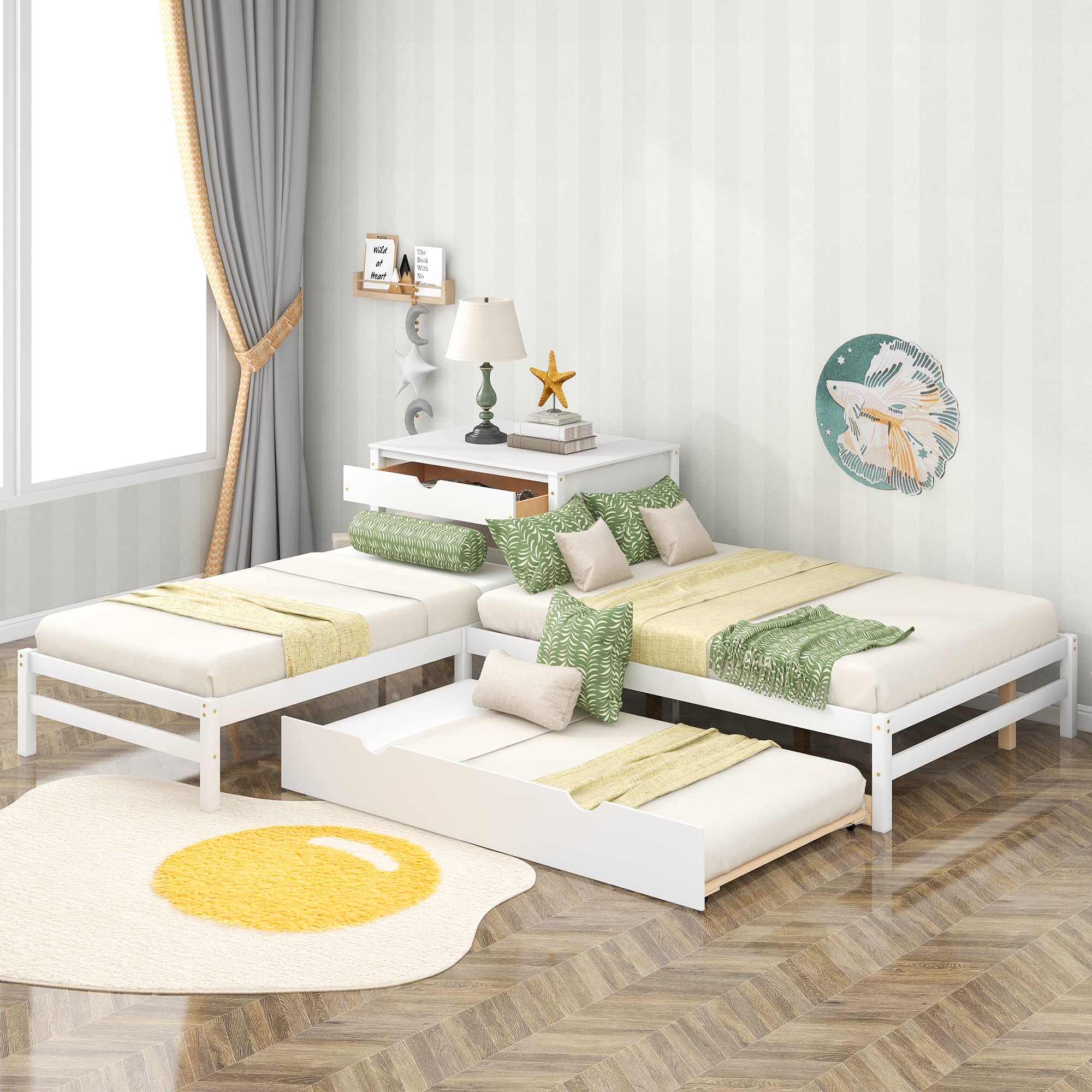 L-Shaped Platform Bed with Trundle & Drawers - Twin/Full Corner Bed with Built-in Desk for Small Spaces