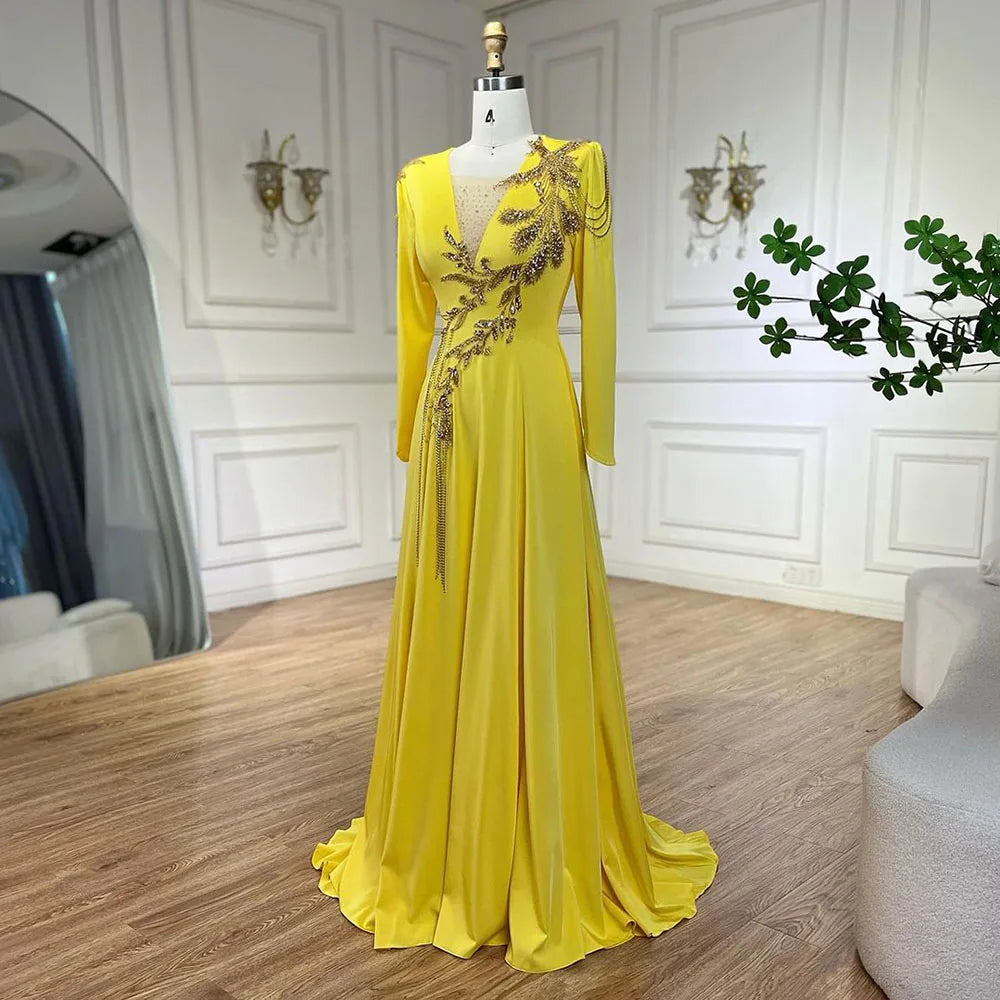 Luxury Dubai Arabic Yellow Mermaid Evening Dress with Elegant Tassel Beading for Women - Perfect for Weddings, Parties & Special Occasions - Serene Hill Collection LA72555