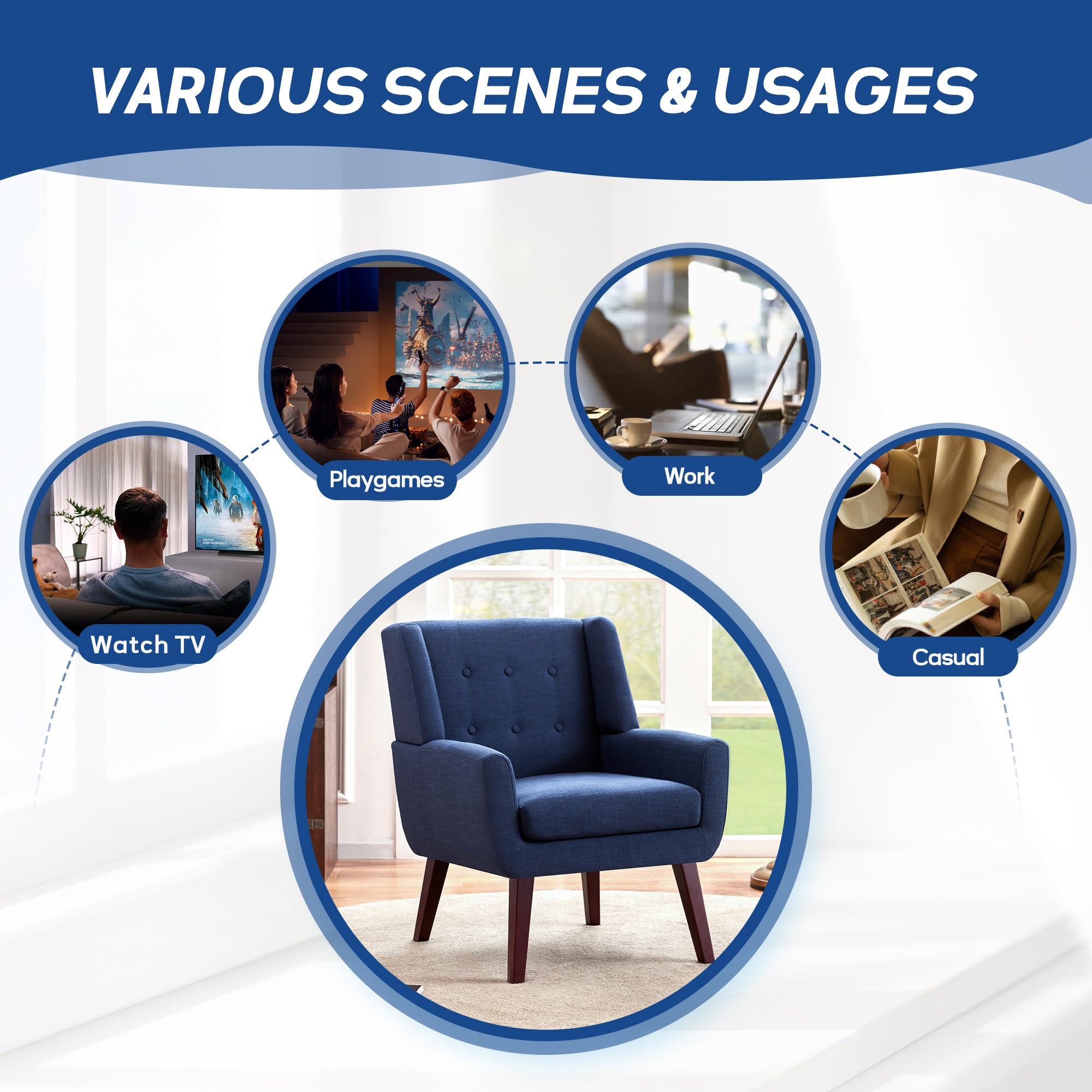 HUIMO Mid Century Modern Accent Chair - Dark Blue Upholstered Button Tufted Armchair with Linen Fabric for Living Room, Bedroom & Office - Comfortable Reading Chair for Relaxation & Home Decor