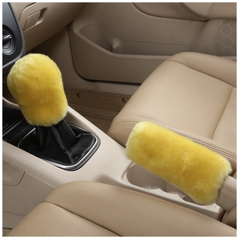 Dotesy Genuine Sheepskin Steering Wheel Cover Set (3-Piece) - Universal 15 Inch, Pure Wool, Yellow - Includes Gear Shift Knob Cover & Handbrake Cover - Soft Furry Car Accessories for Comfort & Grip - Perfect for Winter Driving, Luxury Interior Upgrade, and Long Road Trips