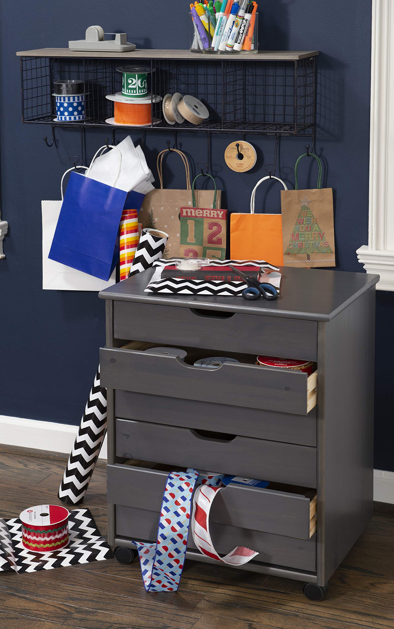 Linon Corinne 6-Drawer Wide Rolling Storage Cart with Wheels, Grey - Perfect for Bedroom, Bathroom, Office & Kitchen Organization