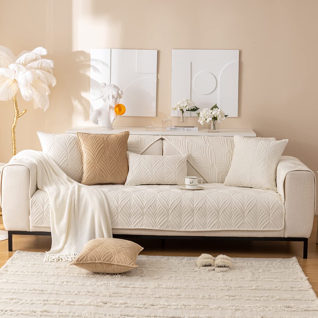 Premium Velvet Quilted Sofa Cover - Super Soft Non-Slip Sectional Couch Protector with Leaf Pattern | Plush Furniture Slipcover for Living Room, Bedroom | Pet & Kid Friendly (Cream, 28