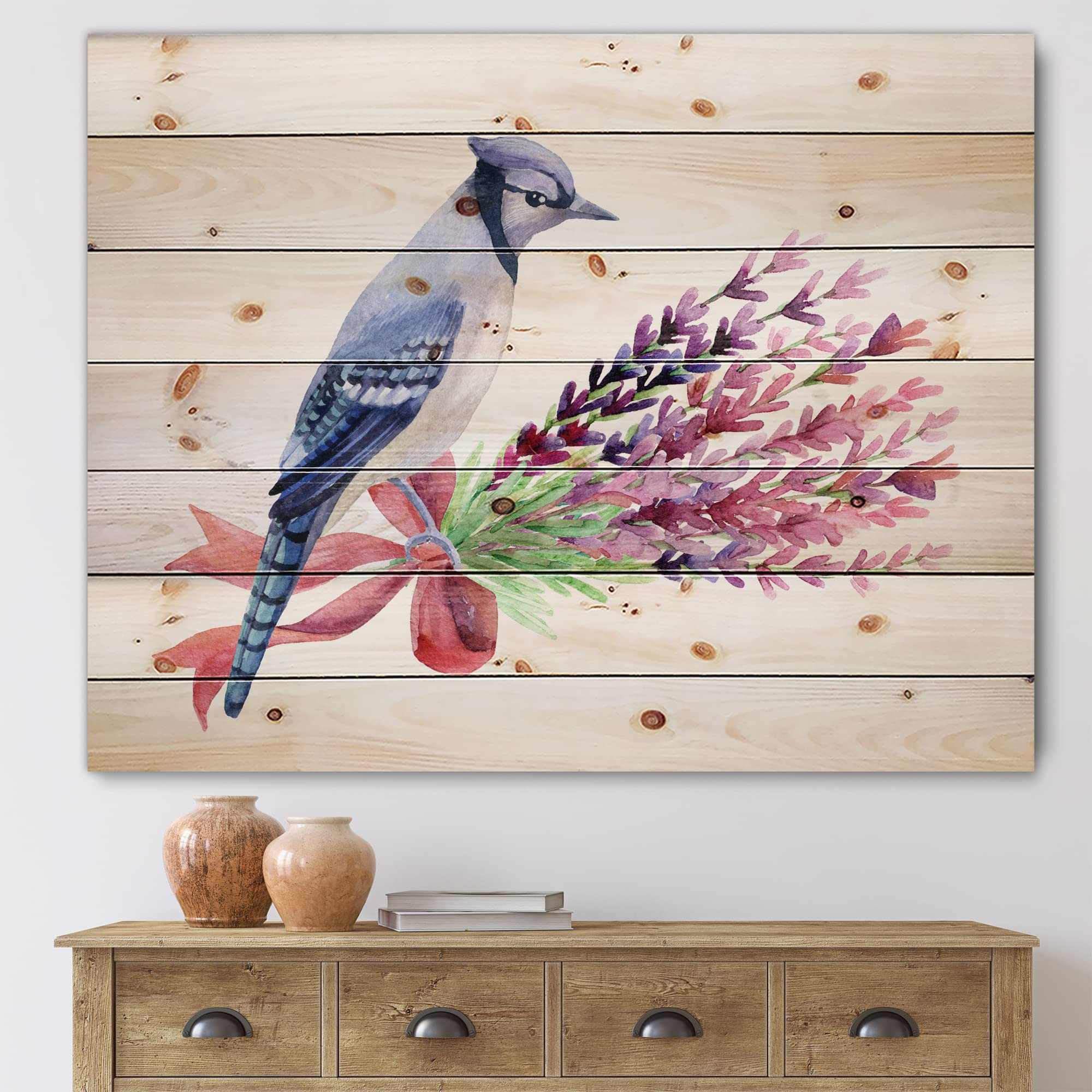 Blue Jay on Pink Flowers Wood Wall Art - Traditional Handmade Pine Wood Decor, Large Animal Wall Panel for Living Room, Bedroom & Office