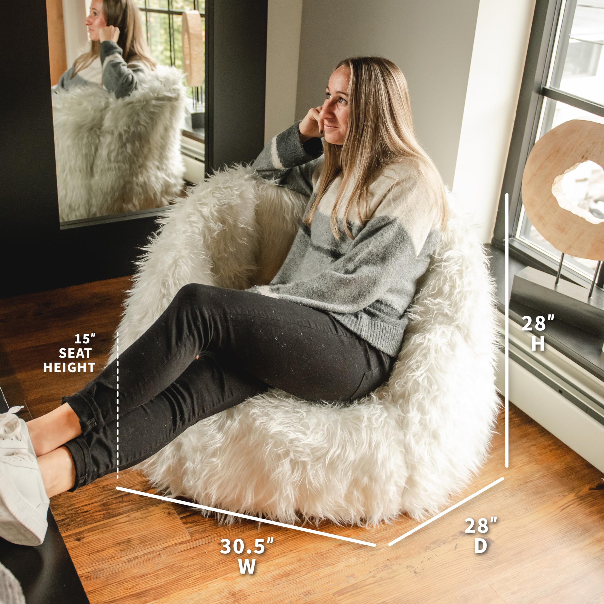 Big Joe Milano Bean Bag Chair - 2.5 Feet Ivory Shag Faux Fur, Ultra Soft & Comfortable Lounge Chair for Living Room, Bedroom, Dorm or Game Room - Perfect for Relaxing, Reading & Gaming
