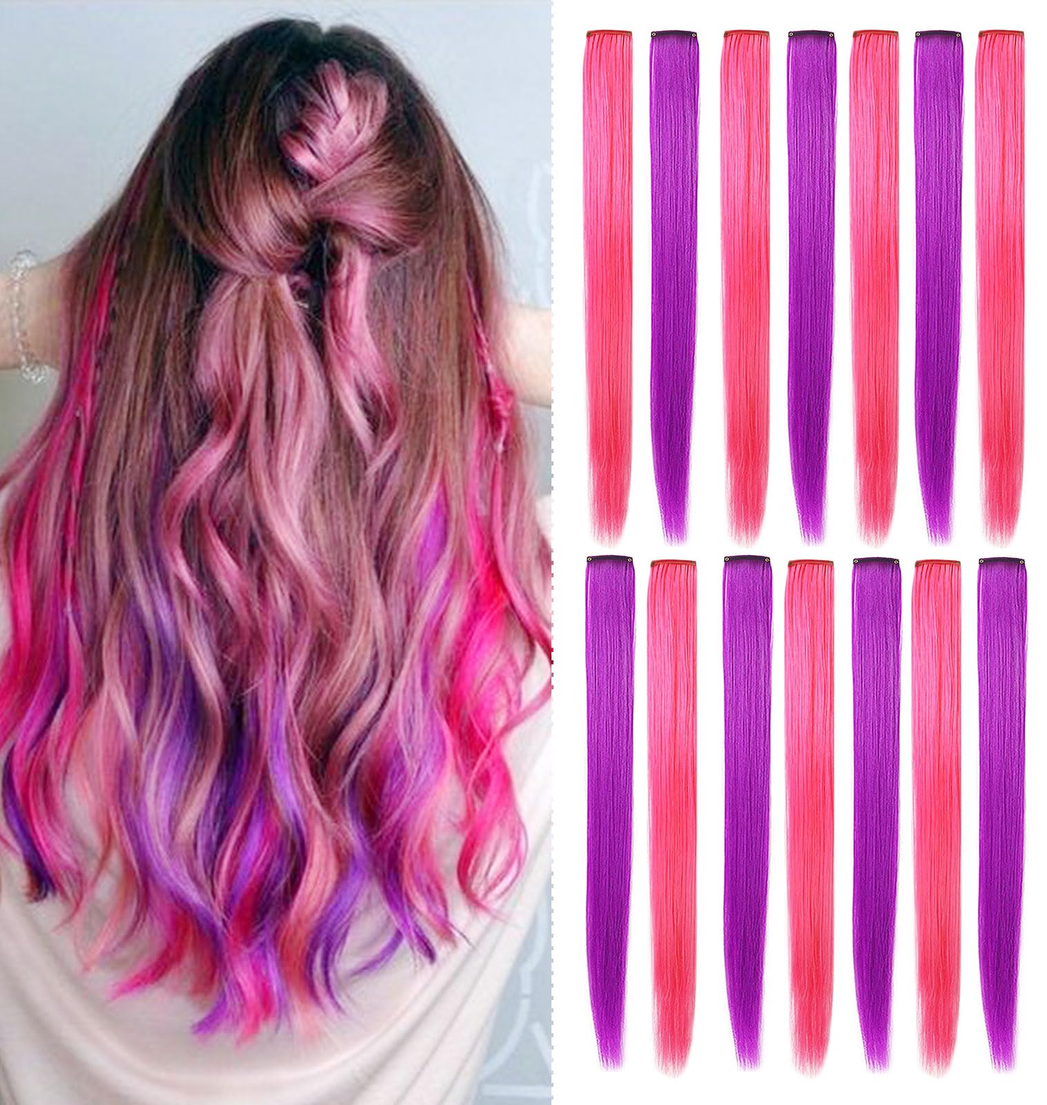 16 PCS Purple & Pink Clip-in Hair Extensions - Synthetic Straight Hairpieces for Women & Girls | Daily, Party & Halloween Styling | Colorful Hair Highlights for Any Occasion