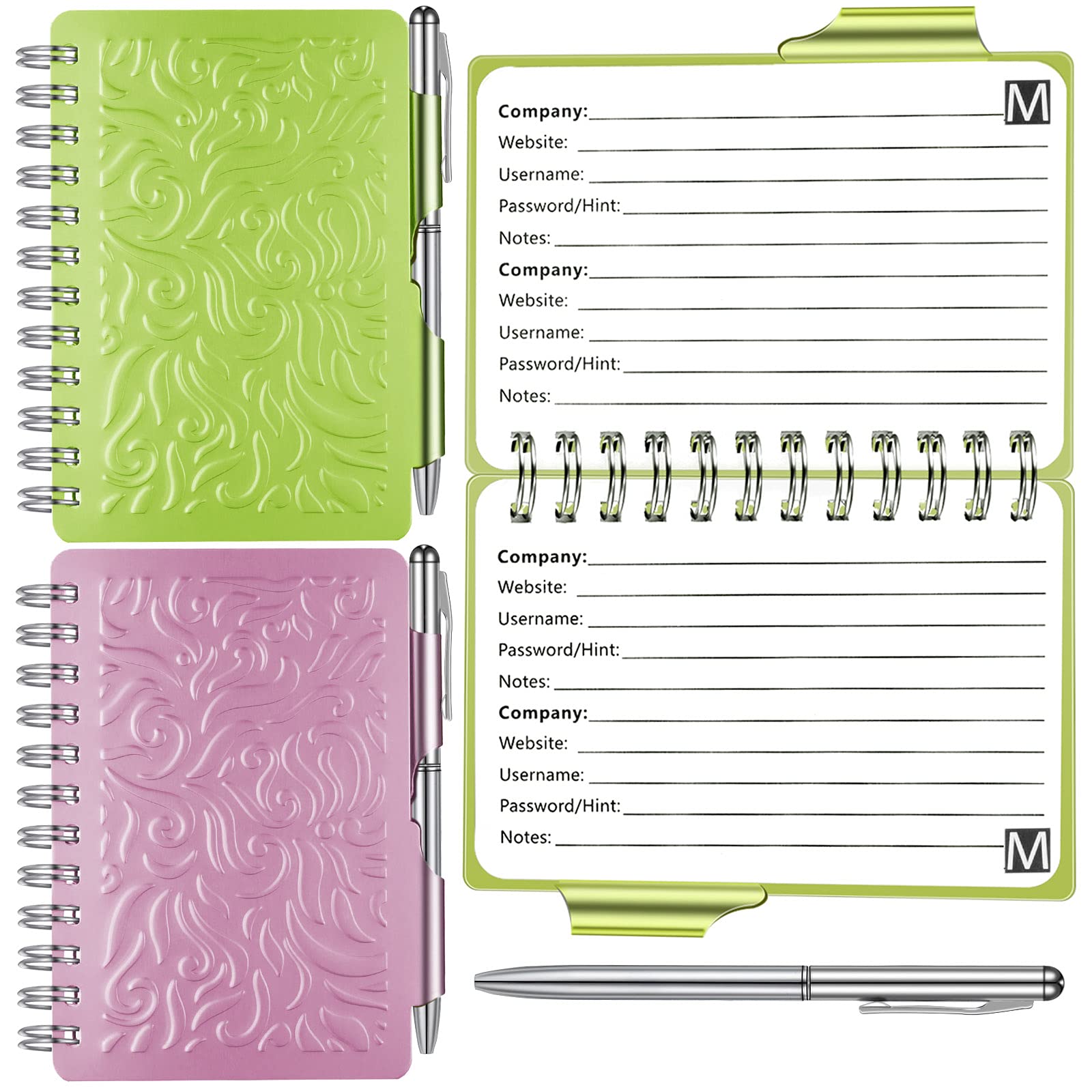 Zonon 2-Pack Password Keeper Notebook - Spiral Bound Travel Password Organizer with Pen, Mandala Design for Secure Login Storage (Green & Pink) - Ideal for Home, Office & Travel Use