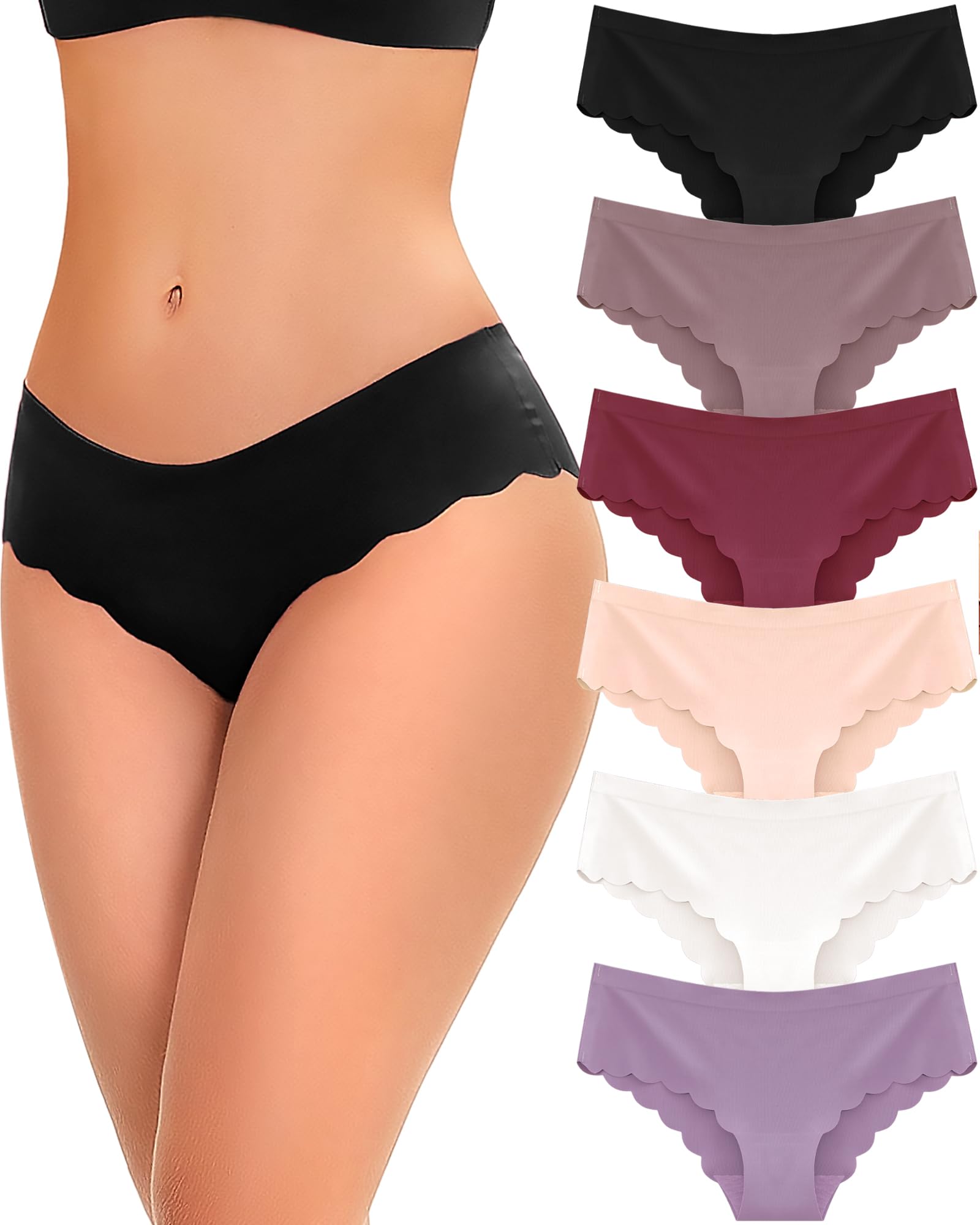 FINETOO 6 Pack Women's Seamless Underwear - Sexy Low Rise Hipster Panties with Wave Edge, No Show Bikini Briefs (S-XL) - Perfect for Everyday Wear, Lounge & Date Nights