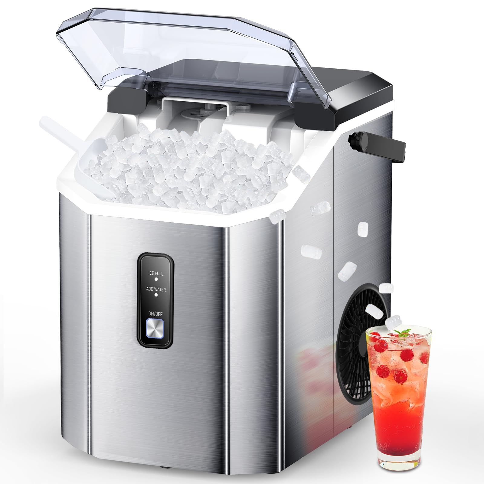 Joy Pebble Nugget Stainless Steel Ice Maker Machine - 10,000pcs/33lbs Daily Output, Portable Countertop Ice Maker with Self-Cleaning Function, Includes Ice Scoop & Basket (Silver) - Perfect for Home Bars, Parties, Offices and Outdoor Camping