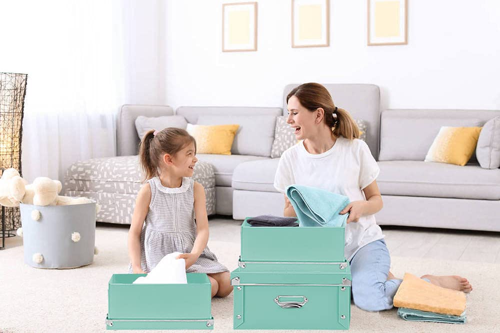 3-Pack Collapsible Plastic Storage Boxes with Lids - Waterproof Teal Organizer Bins for Shoes, Clothes & Office Supplies | Space-Saving Home & Closet Organization Solution