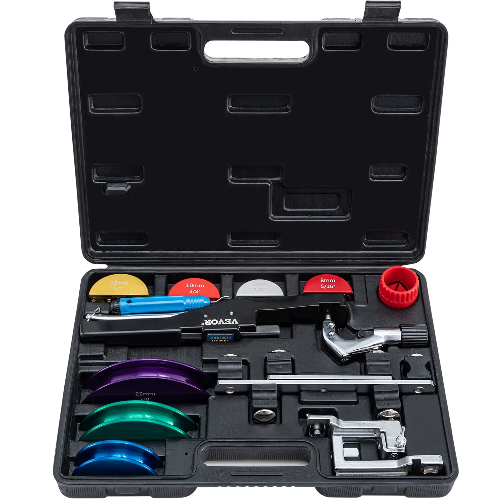 VEVOR Copper Pipe Bender Kit with 7 Colorful Dies (1/4-7/8 inch) - 90° Forward & Reverse Bending Tool for 6-22mm Copper & Aluminum Tubes - Includes Reverse Bend Attachment - Perfect for Plumbing, HVAC, and DIY Home Improvement Projects