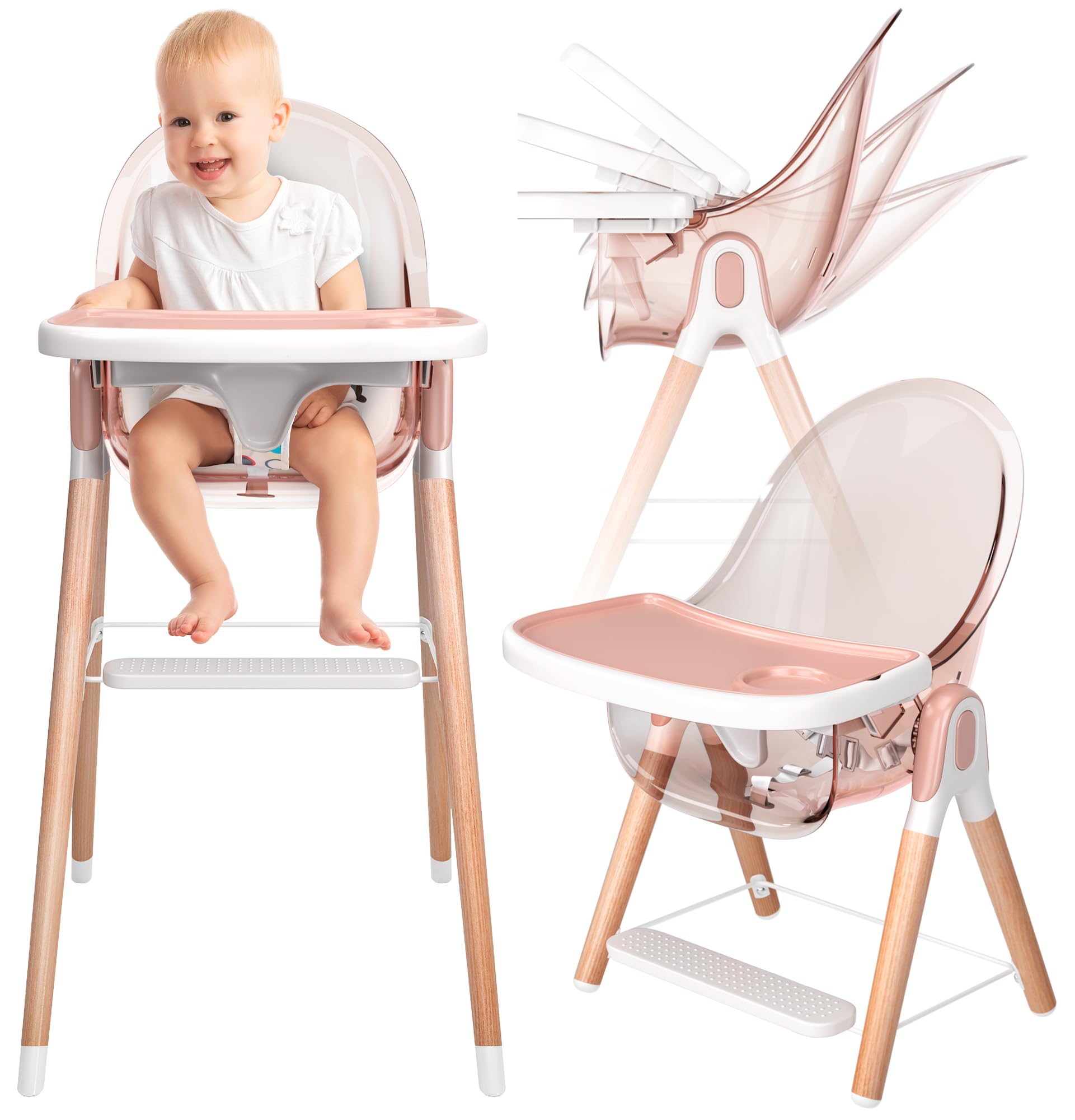 6-in-1 Deluxe Wooden High Chair for Babies & Toddlers - Modern, Safe & Compact Baby Highchair with Removable Tray | 6 Functions, 3 Seat Positions & 2 Height Adjustments | Easy to Clean & Assemble | Perfect for Dining, Feeding & Playtime (Pink)