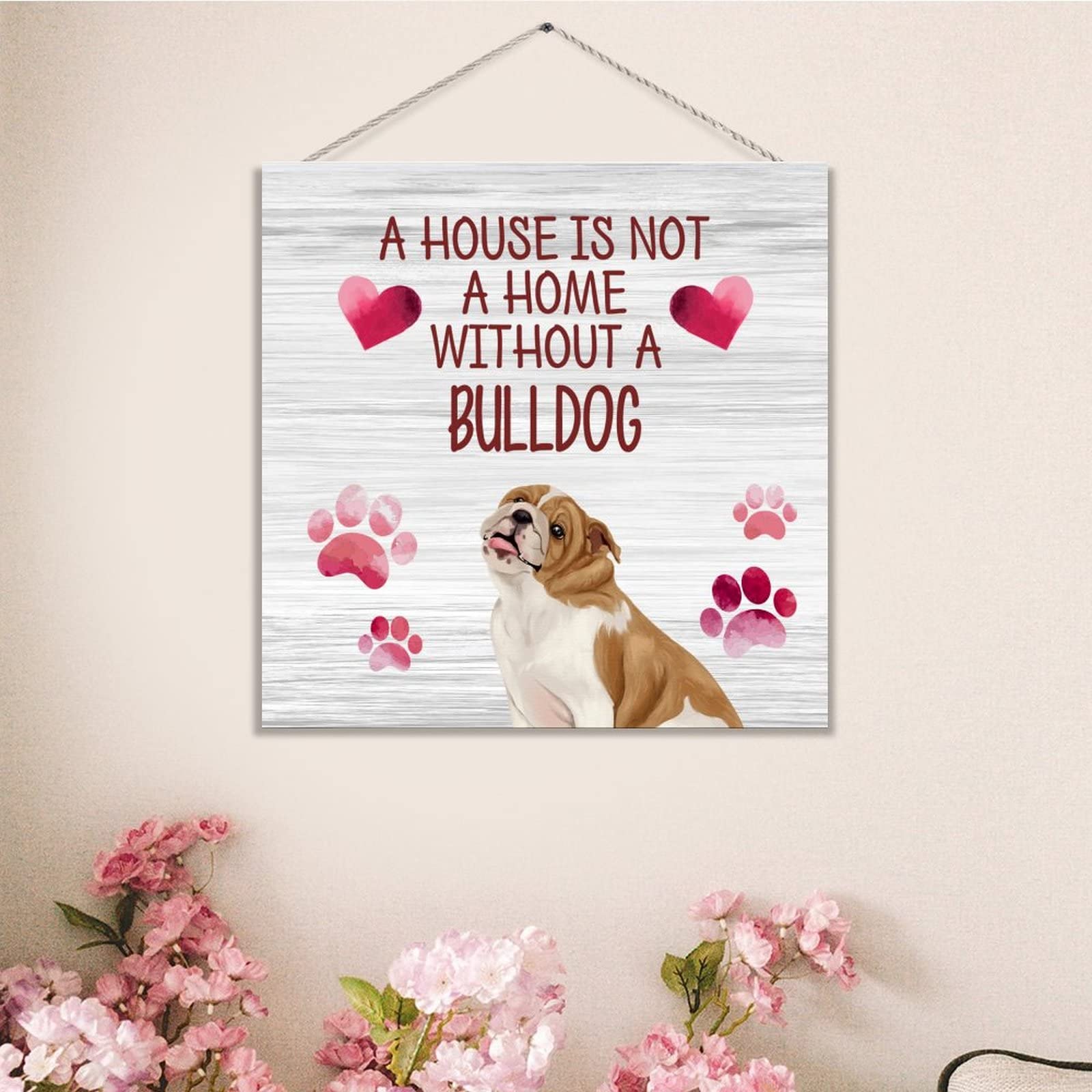 ENEDNATE Bulldog Wood Sign - Rustic Hanging Plaque 12x12 - Perfect for Pet Lovers Home Decor
