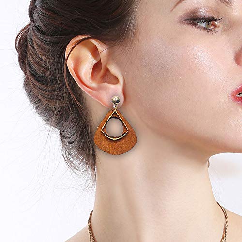 Natural Wooden Teardrop Earrings for Women - Lightweight Geometric Drop Dangle Earrings with Stainless Steel Studs | Boho Ethnic Style Wood Earrings for Everyday Wear, Parties & Special Occasions