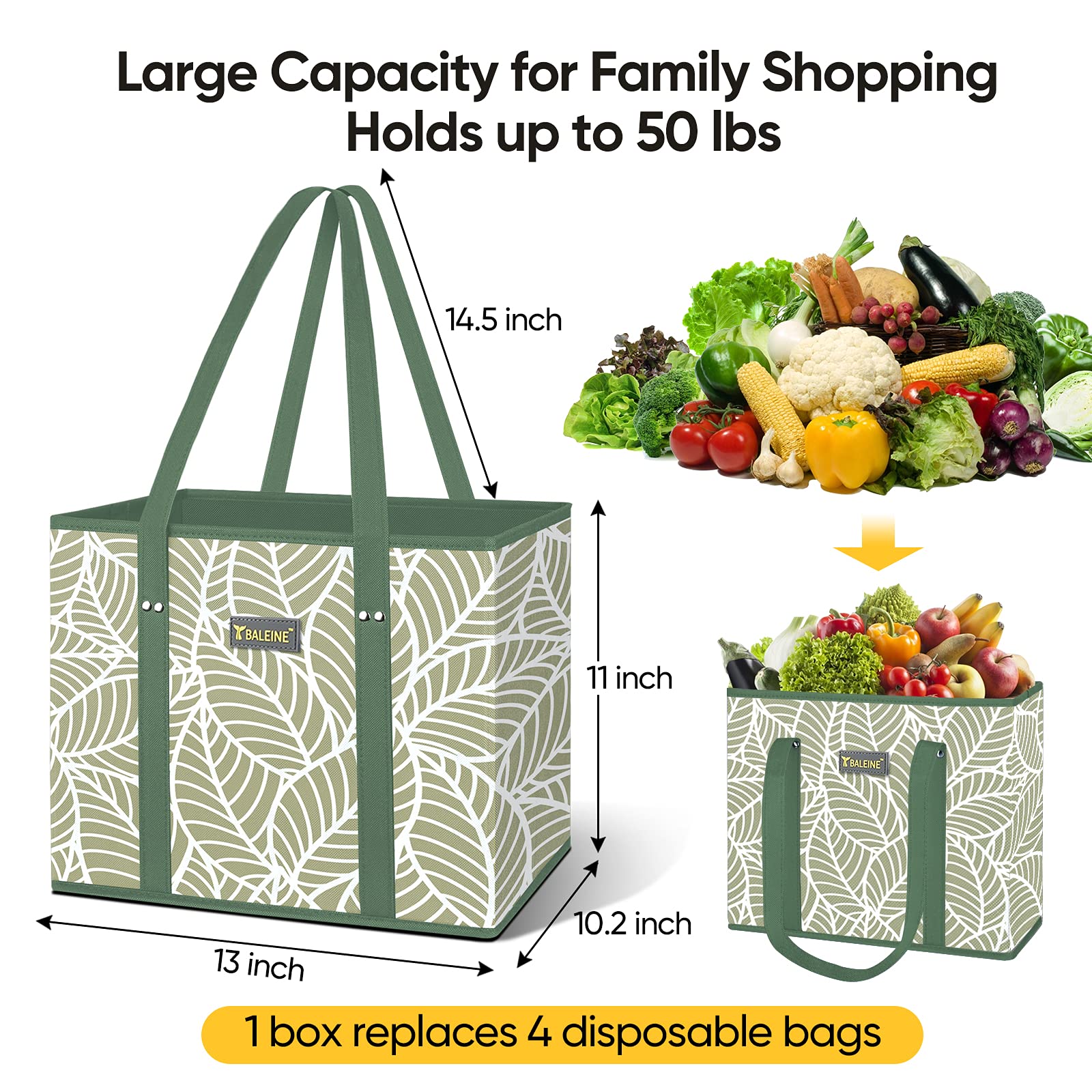 BALEINE 3-Pack Reusable Grocery Bags - Foldable Shopping Tote with Reinforced Bottom & Handles for Supermarket, Farmers Market & Travel (Antique Foliage Design) | Eco-Friendly & Durable for Daily Shopping & Errands