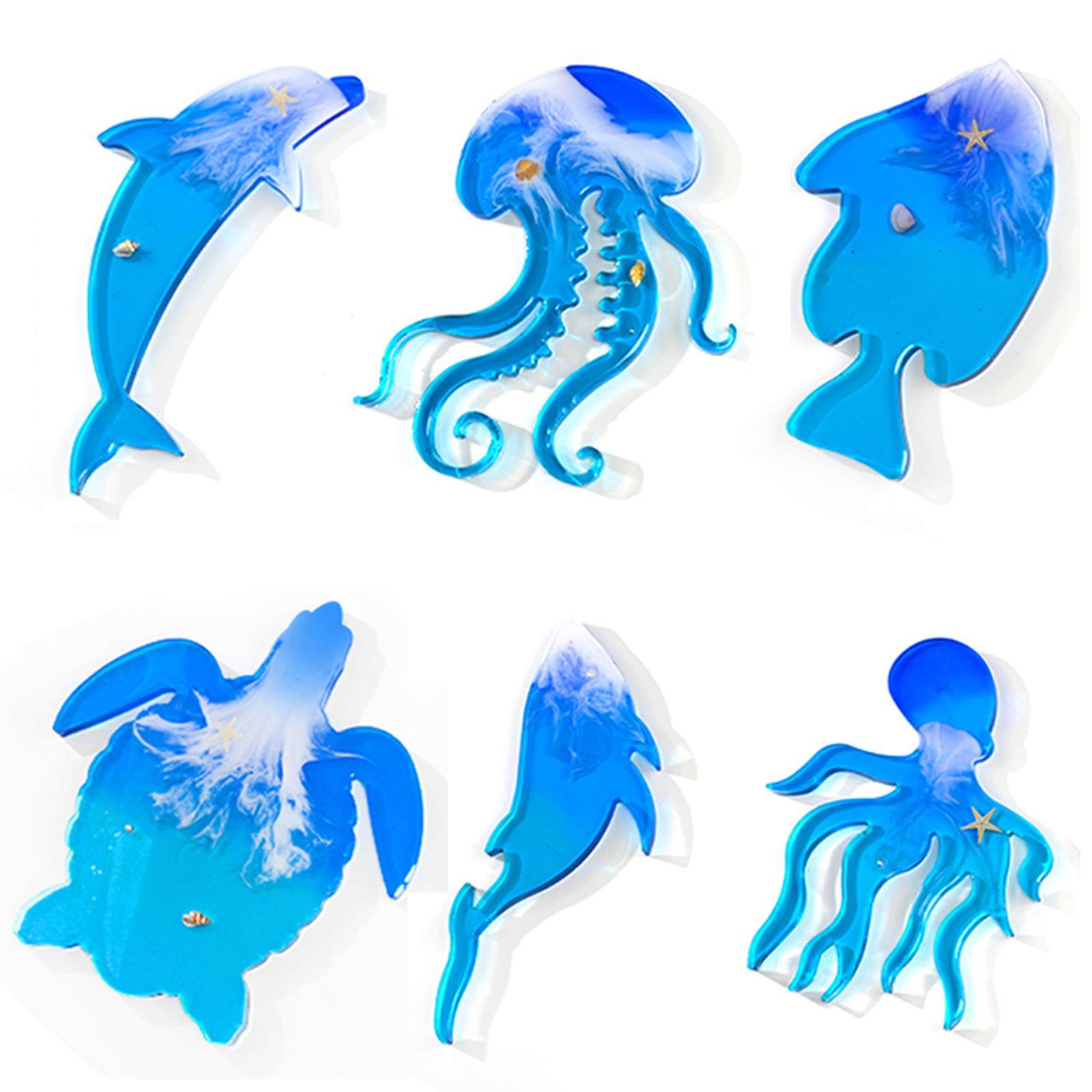 FUYAKEJI 6PCS Ocean Animal Silicone Molds - Dolphins, Octopus, Turtles, Jellyfish, Whales & Fish Resin Coaster Molds for DIY Epoxy Crafts | Perfect for Home Decor, Beach Themed Parties & Unique Gift Making