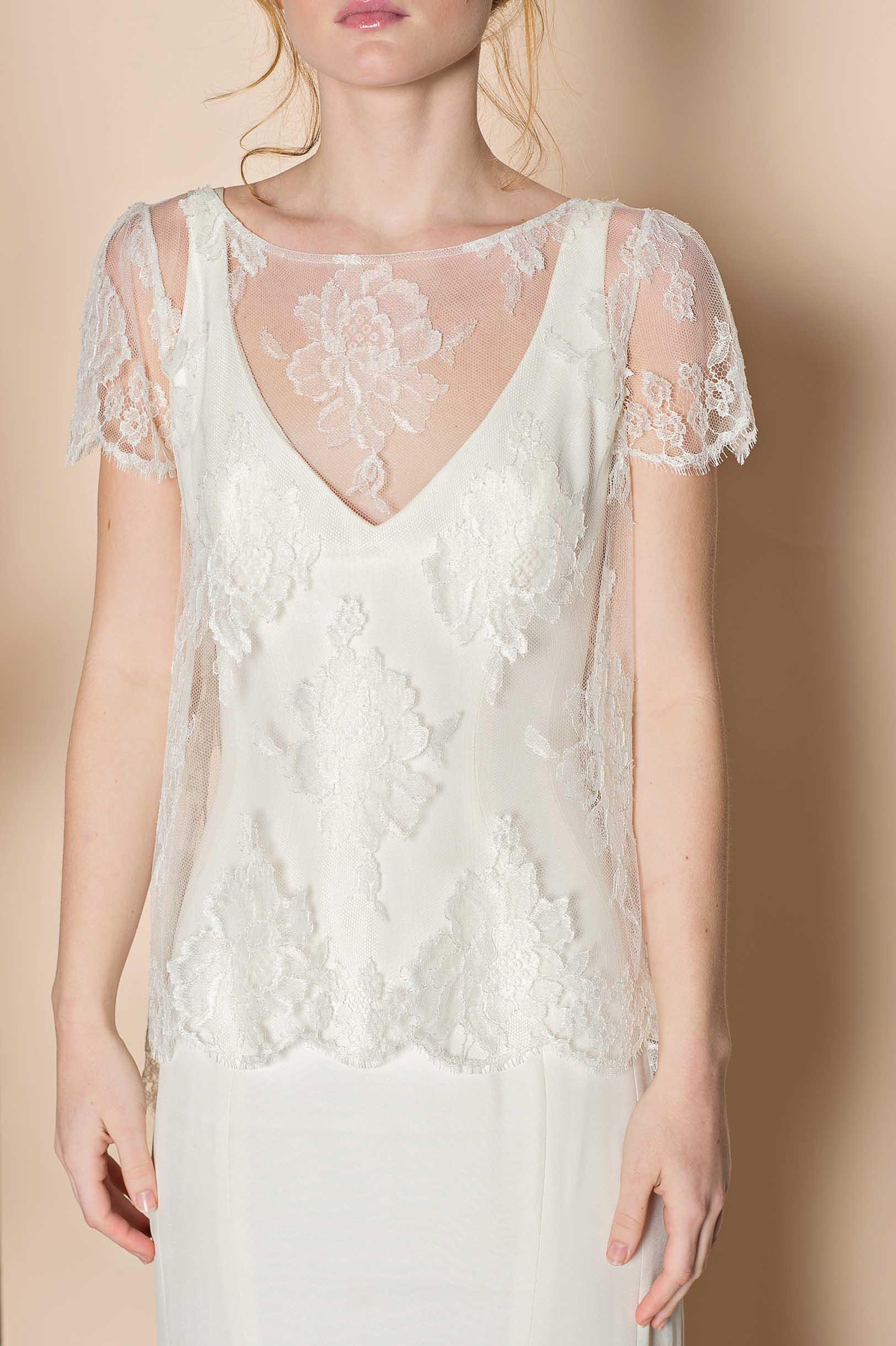 Roseline French Lace Cape Blouse Tee Top in Ivory - Elegant Women's Lace Blouse for Casual Wear, Office Outfits, and Special Occasions