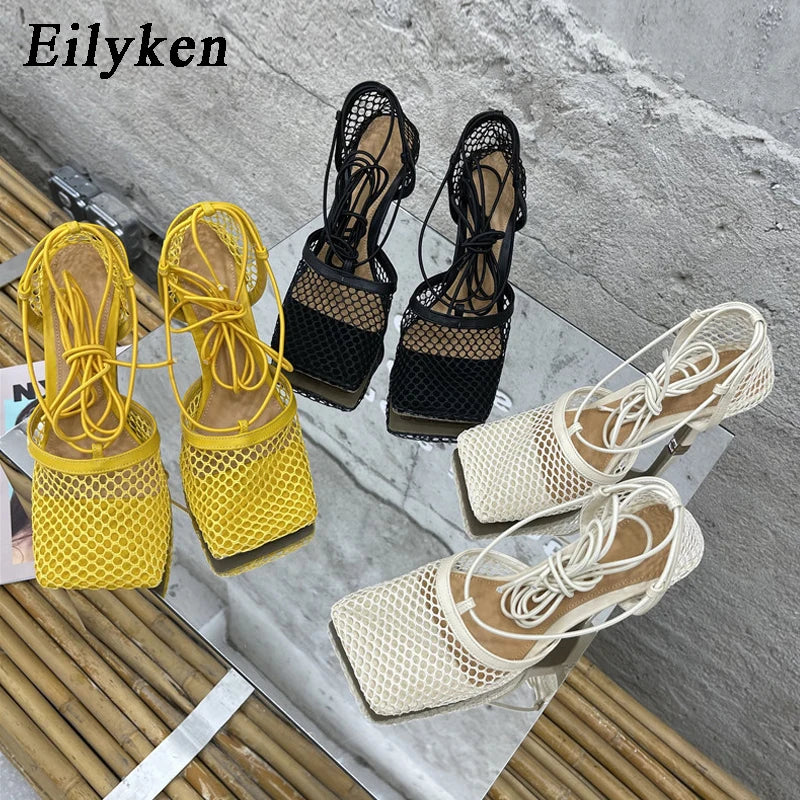 Eilyken Women's Sexy Mesh Pumps Sandals - Square Toe High Heel Lace-Up Cross Tied Stiletto Dress Shoes for Women | Perfect for Evening Parties, Date Nights & Special Occasions