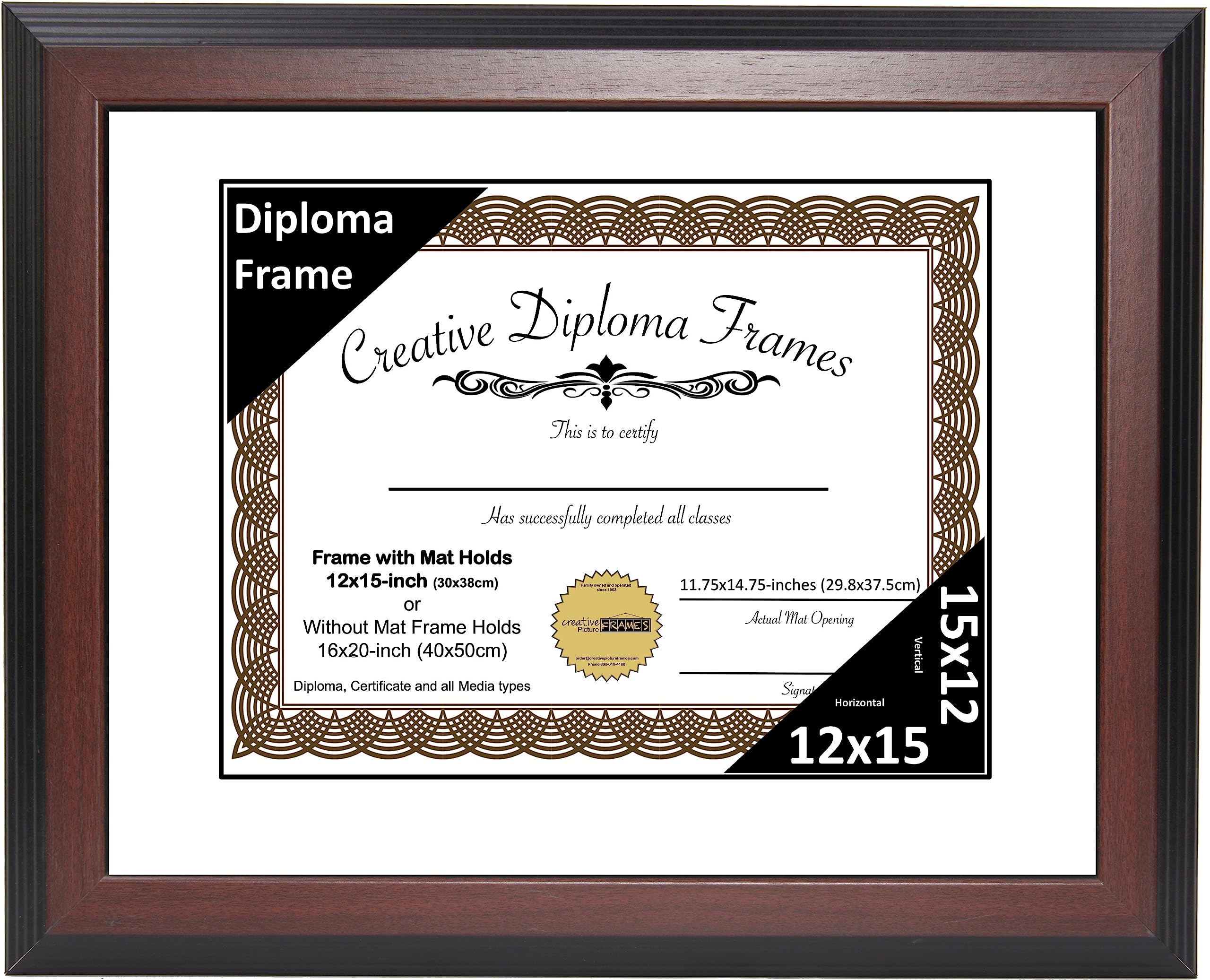12x15 Mahogany Finish Diploma Picture Frame with White Mat - Holds 12x15 Documents, Glass Front & Wall Hanger - Perfect for Graduation Diplomas, Certificates, Awards & Office Decor
