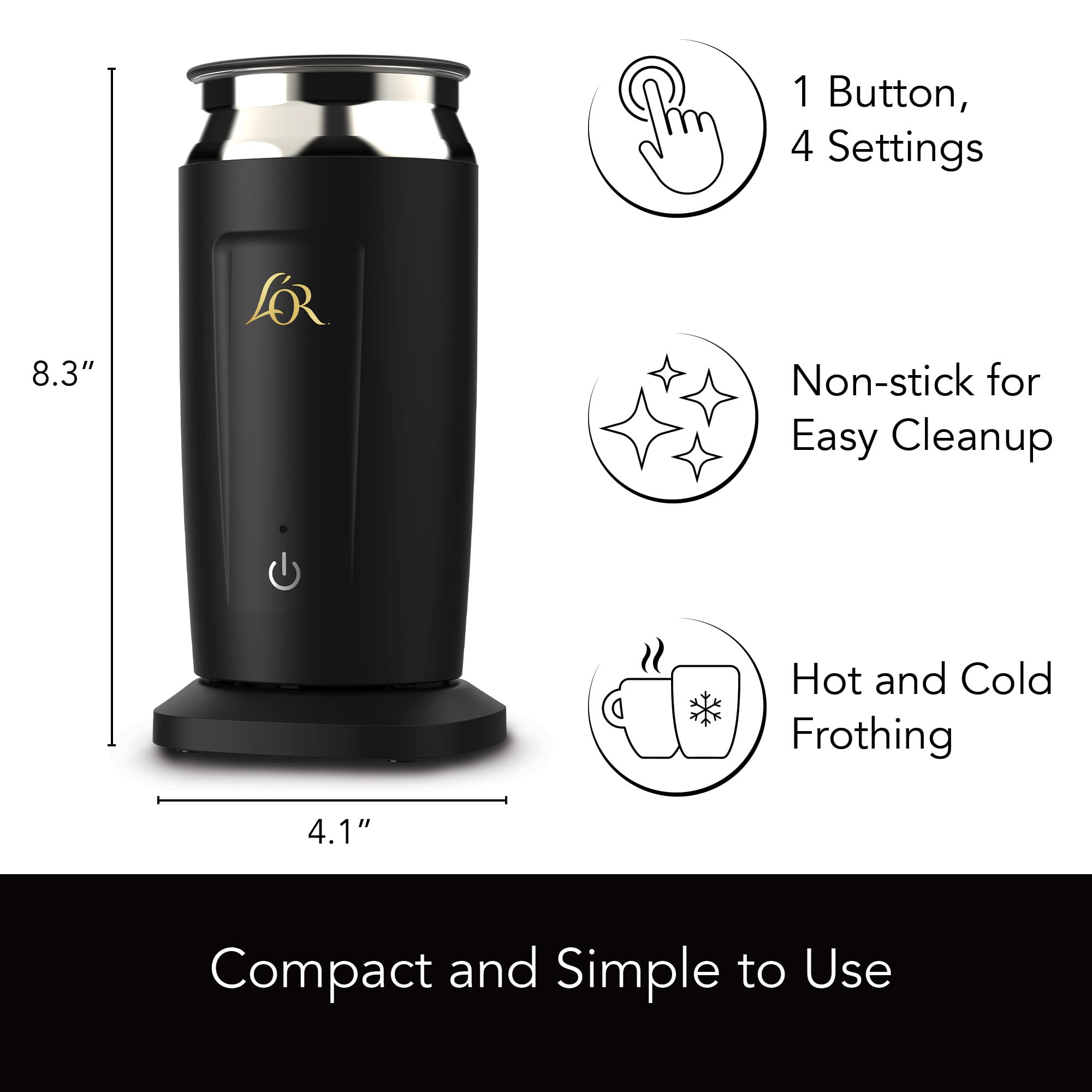 L'OR Barista Milk Frother and Steamer - Automatic Hot & Cold Foam Maker, Milk Warmer for Coffee, Latte, Cappuccino (8.5oz/250ml, Black) - Perfect for Home Baristas and Coffee Lovers