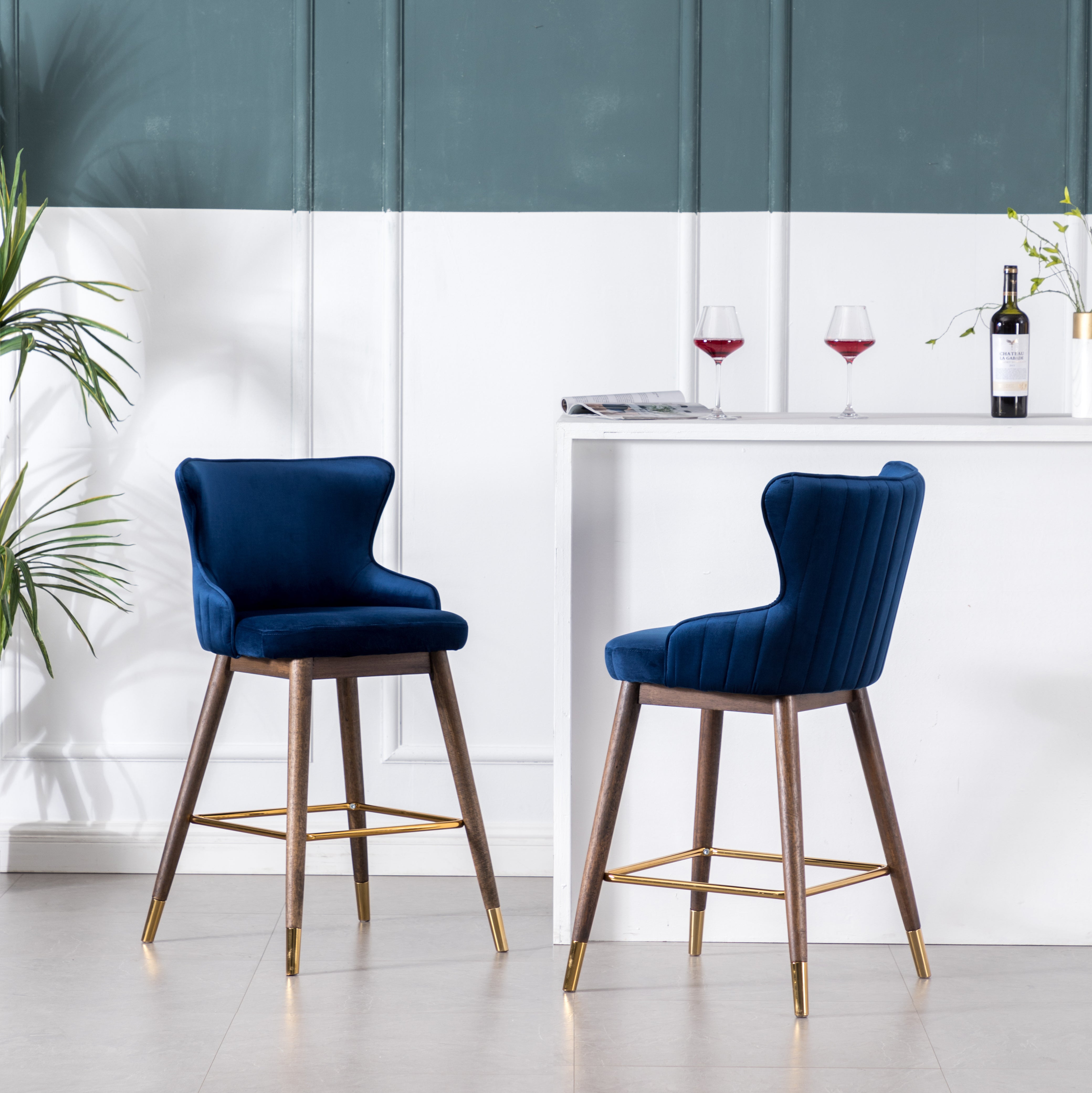 Roundhill Furniture Leland Fabric Upholstered Counter Height Wingback Bar Stools, Blue, Set of 2 - Perfect for Kitchen Islands, Breakfast Nooks & Home Bars