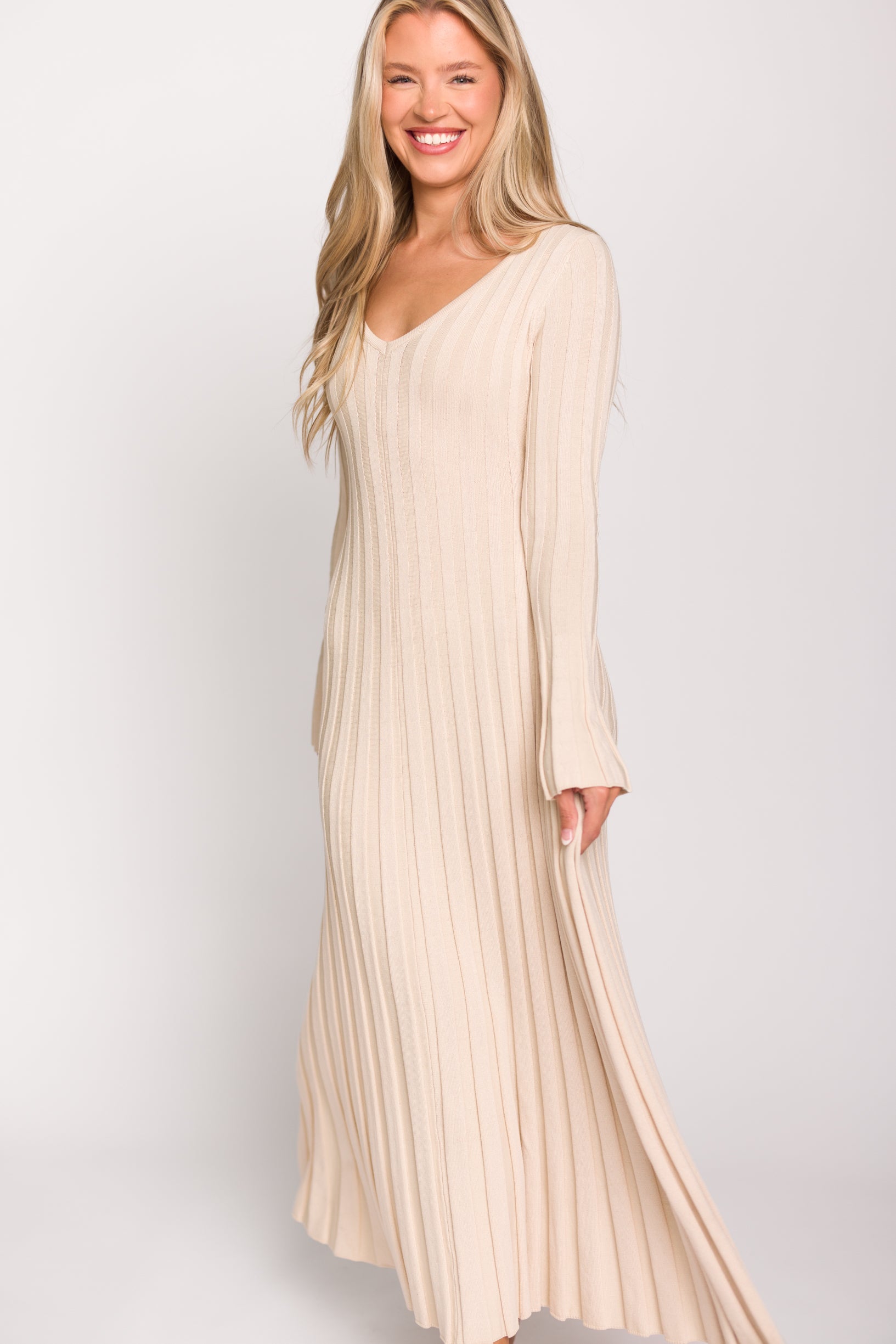 Hadley Long Sleeve V Neck Knit Maxi Dress in Cream Taupe - Elegant Women's Casual Maxi Dress for Fall & Winter, Perfect for Office, Date Night and Holiday Parties