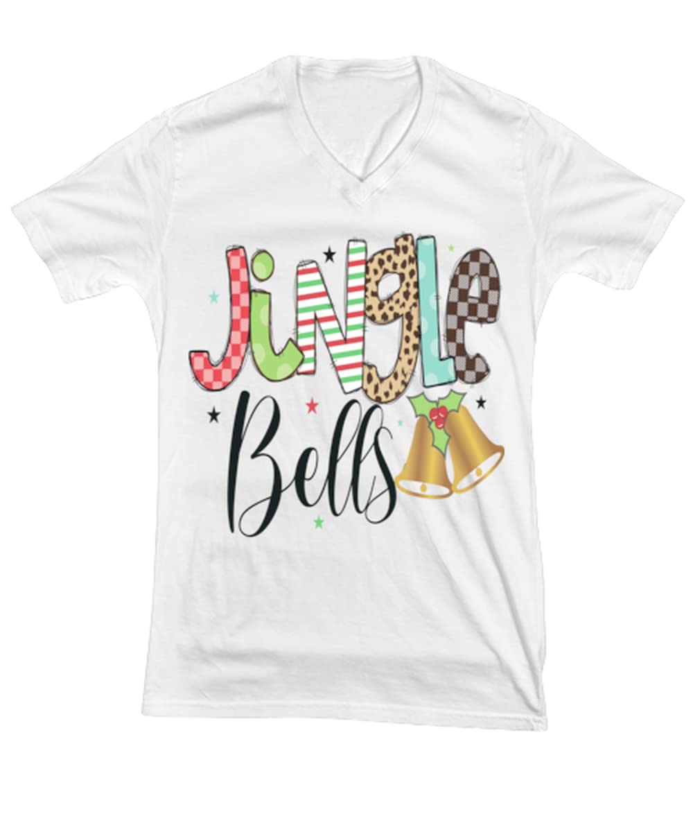 Festive Christmas V-Neck T-Shirt with Jingle Bells Print - Holiday Party Outfit, Family Gathering, Ugly Sweater Contest & Seasonal Celebration
