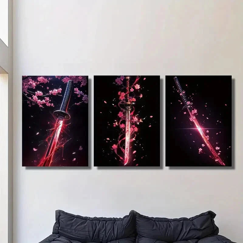 3-Piece Vibrant Sakura & Samurai Katana Metal Wall Art Prints - Ready to Hang Japanese Decor for Living Room, Bedroom & Office