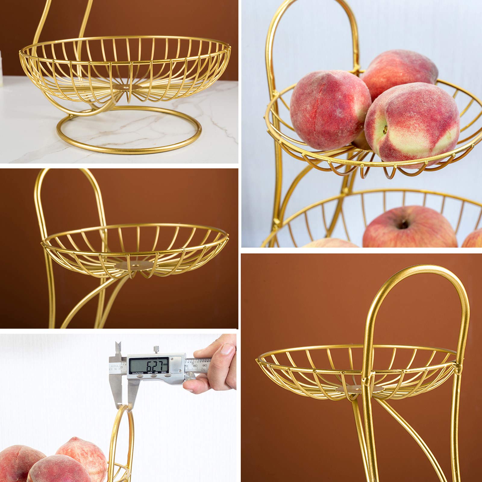 2 Tier Modern Fruit Basket for Kitchen Counter - Black/Gold & Gold - Stylish Storage for Fruits, Bread, Snacks & Vegetables - Perfect for Dining Table Display & Home Decor